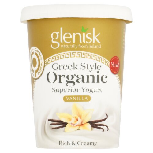 <b>Features</b><br/>Organic<br/>Naturally from Ireland<br/>Rich & creamy<br/>Nothing artificial<br/>Made with pasteurised milk<br/>32% of sugars are naturally occurring milk sugars<br/>No GM ingredients<br/>Gluten free<br/>Suitable for coeliacs<br/>Suitable for Vegetarians<br/><br/><b>Lifestyle</b><br/>Gluten free<br/>Organic<br/>Suitable for Coeliacs<br/>Suitable for Vegetarians<br/><br/><b>Pack Size</b><br/>450g ℮<br/><br/><b>Usage Other Text</b><br/>Pack contains approximately 4.5 servings<br/><br/><b>Usage Count</b><br/>Number of uses - Servings - 4.5<br/><br/><br/><b>Ingredients</b><br/>Organic Whole <span style='font-weight: bold;'>Milk</span><br/>Organic Cream (<span style='font-weight: bold;'>Milk</span>)<br/>Organic Cane Sugar<br/>Water<br/>Organic Maize Starch<br/>Natural Vanilla Flavouring<br/>Gelling Agent (Pectin)<br/>Cultures (Streptococcus Thermophilus, Bifidobacterium, Lactobacillus Casei, Lactobacillus Bulgaricus)<br/>Organic Vanilla Pods (0.01%)<br/>Organic Lemon Juice Concentrate<br/>Organic Vanilla Extract (0.01%)<br/><br/><b>Allergy Advice</b><br/>For allergens, see ingredients in <span style='font-weight: bold;'>bold</span>.<br/><br/><br/><b>Storage Type</b><br/>Ambient<br/><br/><b>Storage</b><br/>Store between 0°C and 5°C.<br/>
Use within 3 days of opening. Use by: See lid.<br/><br/><b>Storage Conditions</b><br/>Min Temp °C 0<br/>Max Temp °C 5<br/><br/><b>Preparation and Usage</b><br/>Stir before use.<br/><br/><b>Company Name</b><br/>Glenisk Ltd.<br/><br/><b>Company Address</b><br/>Newtown,<br/>
Killeigh,<br/>
Tullamore,<br/>
Co. Offaly,<br/>
Ireland.<br/><br/><b>Durability after Opening</b><br/>Consume Within - Days - 3<br/><br/><b>Web Address</b><br/>www.glenisk.com<br/><br/><b>Return To</b><br/>Glenisk Ltd.,<br/>
Newtown,<br/>
Killeigh,<br/>
Tullamore,<br/>
Co. Offaly,<br/>
Ireland.<br/>
www.glenisk.com<br/>