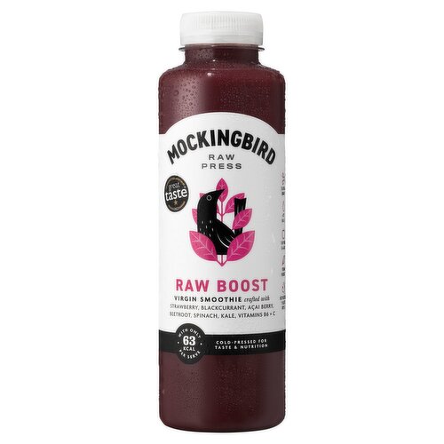 Cold-pressed blend of fruit and vegetable purées, juice and added vitamins.<br/><br/><b>Further Description</b><br/>Find out more at WWW.MOCKINGBIRDRAWPRESS.COM<br/>
<br/>
Enjoy as part of a healthy lifestyle and balanced diet.<br/><br/><b>Nutritional Claims</b><br/>High in vitamin B6 and C<br/>No added sugar<br/><br/><b>Features</b><br/>Separation is a sign of freshness<br/>Crafted with strawberry, blackcurrant, açai berry, beetroot, spinach, kale, vitamins B6 + C<br/>With only 63 kcal per serve<br/>Cold-pressed for taste & nutrition<br/>1 of your 5-a-day<br/>Vegan friendly<br/><br/><b>Lifestyle</b><br/>No Added Sugar<br/>Suitable for Vegans<br/><br/><b>Pack Size</b><br/>500ml ℮<br/><br/><b>Usage Other Text</b><br/>This Bottle Contains 3.3 Servings<br/><br/><b>Usage Count</b><br/>Number of uses - Servings - 3.3<br/><br/><br/><b>Ingredients</b><br/>3 1/4 Pressed Apples<br/>1/4 Orange<br/>19 1/2 Crushed Blackcurrants (7.8%)<br/>3 1/4 Crushed Strawberries (7.8%)<br/>8 1/4 Blueberries<br/>Squeeze of Beetroot (2%)<br/>Some crushed Acai Berries (2%)<br/>A handful of crushed Spinach (0.5%)<br/>Some crushed Kale (0.5%)<br/>Vitamin B6, C (Ascorbic Acid)<br/><br/><b>Storage Type</b><br/>Chilled<br/><br/><b>Storage and Usage Statements</b><br/>Keep Refrigerated<br/><br/><b>Storage</b><br/>Keep refrigerated. Once open drink within 3 days.<br/>
Best before: see lid<br/><br/><b>Preparation and Usage</b><br/>Shake well<br/><br/><b>Company Name</b><br/>Mockingbird Raw Press<br/><br/><b>Company Address</b><br/>82 St John Street,<br/>
London,<br/>
EC1M 4JN.<br/>
<br/>
20 Harcourt Street,<br/>
Dublin 2,<br/>
D02 H364.<br/><br/><b>Durability after Opening</b><br/>Consume Within - Days - 3<br/><br/><b>Return To</b><br/>Mockingbird Raw Press,<br/>
82 St John Street,<br/>
London,<br/>
EC1M 4JN.<br/>
<br/>
20 Harcourt Street,<br/>
Dublin 2,<br/>
D02 H364.<br/>