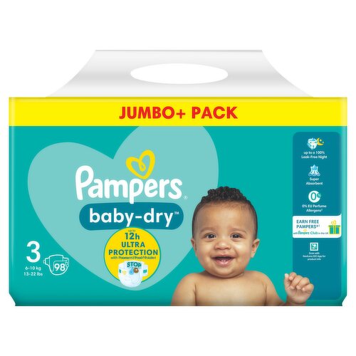 Pampers Baby-Dry Size 3, 98 Nappies, 6kg - 10kg, Jumbo+ Pack