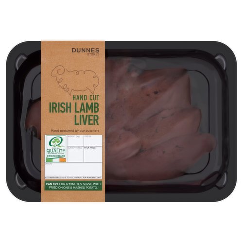 Fresh Irish Lamb Liver<br/><br/><b>Nutritional Claims</b><br/>High in Protein<br/><br/><b>Features</b><br/>Hand prepared by our butchers<br/>Pan Fry for 12 Minutes<br/>High in Protein<br/><br/><b>Safety Warning</b><br/>CAUTION<br/>
This product is raw and must be cooked.<br/>
FOOD SAFETY TIP: Wash all surfaces, utensils and hands after contact with raw meat. Keep all raw and cooked products separate.<br/><br/><b>Storage Type</b><br/>Chilled<br/><br/><b>Storage and Usage Statements</b><br/>Suitable for Home Freezing<br/>Keep Refrigerated<br/><br/><b>Storage</b><br/>Keep refrigerated 0ºC to +4ºC. Consume within 24 hours of opening and by 'use by' date. For 'use by' date and weight, see top of pack. Suitable for home freezing. If freezing, freeze on the day of purchase and consume within 1 month. Defrost thoroughly in refrigerator before cooking and use within 24 hours. Once thawed do not refreeze.<br/><br/><b>Storage Conditions</b><br/>Min Temp °C 0<br/>Max Temp °C 4<br/><br/><b>Cooking Guidelines</b><br/>Shallow Fry - From Chilled - Cooking times will vary with appliances, the following are guidelines only. Remove all packaging. Toss the liver in flour and season with salt and freshly ground black pepper.<br/>
10-12 mins.<br/>
Preheat 5ml of oil in a pan over a Medium heat.<br/>
Place liver in pan and cook gently for time indicated, turning occasionally.<br/>
Ensure product is piping hot throughout. Do not reheat.<br/><br/><b>Preparation and Usage</b><br/>Serve with fried onions & mashed potato.<br/><br/>Country of Origin - Ireland<br/><br/><b>Origin</b><br/>Produced and Packed in Co. Dublin<br/><br/><b>Company Name</b><br/>Dunnes Stores<br/><br/><b>Company Address</b><br/>46-50 South Great George's Street,<br/>
Dublin 2.<br/>
<br/>
Store 3,<br/>
Forestside S.C.,<br/>
Upr. Galwally Rd.,<br/>
Belfast,<br/>
BT8 6FX.<br/><br/><b>Return To</b><br/>Dunnes Stores,<br/>
46-50 South Great George's Street,<br/>
Dublin 2.<br/>
<br/>
Dunnes Stores,<br/>
Store 3,<br/>
Forestside S.C.,<br/>
Upr. Galwally Rd.,<br/>
Belfast,<br/>
BT8 6FX.<br/>