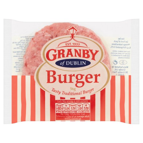 Tasty Traditional Burger<br/><br/><b>Pack Size</b><br/>56g ℮<br/><br/><br/><b>Ingredients</b><br/>Beef (65%)<br/>Water<br/>Breadcrumbs (<span style='font-weight: bold;text-decoration: underline;'>Wheat Flour</span>, Salt, Yeast)<br/>Rusk<br/>Dried Onions<br/>Seasoning (Salt, Stabiliser E450 & E451, Flavour Enhancer: Monosodium Glutamate, Rusk, Preservative: <span style='font-weight: bold;text-decoration: underline;'>Sodium Sulphite</span>, Spices, Dextrose, Antioxidant E301, Spice Extracts, Colour: Carmine, Natural Flavourings)<br/><br/><b>Allergy Advice</b><br/>For allergens, see highlighted ingredients<br/><br/><br/><b>Allergy Text</b><br/>May contain traces of Nuts and/or Sesame Seeds<br/><br/><br/><b>Safety Warning</b><br/>Raw meat products contain bacteria that could potentially cause illness if mishandled or cooked incorrectly.<br/>
<br/>
Although extra care has been taken to remove all bones, some may remain<br/><br/><b>Storage Type</b><br/>Chilled<br/><br/><b>Storage and Usage Statements</b><br/>Keep Refrigerated<br/><br/><b>Storage</b><br/>Store in refrigerator or freezer.<br/>
Thaw in refrigerator or microwave.<br/>
Keep refrigerated 0-4ºC.<br/>
Use by: See front of pack.<br/><br/><b>Storage Conditions</b><br/>Min Temp °C 0<br/>Max Temp °C 4<br/><br/><b>Cooking Guidelines</b><br/>Grill - From Chilled - (Guide Only): Cook under a medium heated grill for 10 minutes, turning occasionally, ensure product is fully cooked before eating.<br/>Shallow Fry - From Chilled - (Guide Only): Fry over a medium heat in a little oil for 8 minutes, turning occasionally, ensure product is fully cooked before eating.<br/><br/><b>Preparation and Usage</b><br/>Keep raw meat and poultry separate from other foods. Wash all work surfaces, utensils and hands after preparing raw meat or poultry. Cook through until juices run clear. Keep hot foods hot. Refrigerate leftovers immediately.<br/><br/><b>Company Name</b><br/>Granby Ltd<br/><br/><b>Company Address</b><br/>38 Granby Place,<br/>
Dublin 1.<br/><br/><b>Return To</b><br/>Granby Ltd,<br/>
38 Granby Place,<br/>
Dublin 1.<br/>