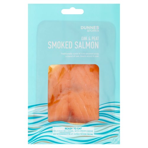 Oak & Peat Smoked Salmon Slices (Defrosted)<br/><br/><b>Nutritional Claims</b><br/>High in Protein<br/>High in Omega 3<br/><br/><b>Features</b><br/>Ready to Eat<br/>Traditionally cured & cold smoked using a blend of oak, beach wood peat<br/>Delicious on a Bagel with Cream Cheese<br/>Responsibly Sourced<br/>High in Protein and Omega 3<br/><br/><b>Pack Size</b><br/>40g ℮<br/><br/><b>Usage Other Text</b><br/>Number of Servings Per Pack: 1<br/><br/><b>Usage Count</b><br/>Number of uses - Servings - 1<br/><br/><b>Recycling Info</b><br/>Bag - Not Yet Recycled<br/>Foil - Not Yet Recycled<br/><br/><br/><b>Ingredients</b><br/>Salmon (<span style='font-weight: bold;'>Fish</span>) (97.5%)<br/>Sea Salt<br/><br/><b>Allergy Advice</b><br/>For allergens, see ingredients in bold.<br/><br/><br/><b>Safety Warning</b><br/>CAUTION<br/>
- Whilst every effort has been made to remove all bones, some may remain.<br/><br/><b>Storage Type</b><br/>Frozen<br/><br/><b>Storage and Usage Statements</b><br/>Suitable for Home Freezing<br/>Keep Refrigerated<br/>Ready to Eat<br/><br/><b>Storage</b><br/>Keep Refrigerated 0°C to +4°C.<br/>
- Consume within 48 hours of opening and by 'use by' date.<br/>
- Suitable for home freezing.<br/>
- If freezing, freeze on the day of purchase and consume within 1 month.<br/>
- Defrost thoroughly in refrigerator before serving and use within 24 hours.<br/>
- Once thawed do not refreeze.<br/>
- This product has been previously frozen and defrosted to chill temperature under controlled conditions. Further freezing will not affect the quality.<br/><br/><b>Storage Conditions</b><br/>Min Temp °C 0<br/>Max Temp °C 4<br/><br/><b>Preparation and Usage</b><br/>Serving<br/>
- Separate the slices of salmon 20 minutes before serving to allow the salmon to reach room temperature.<br/>
- Sprinkle with freshly cracked black pepper and thinly sliced red onion. Serve with a freshly toasted bagel and cream cheese.<br/><br/><b>Origin</b><br/>Salmon (Salmo salar) farmed in S: Scotland & F: Faroe Islands. For precise origin, see last letter(s) of 'use by' date<br/>Smoked and packed in Co. Mayo<br/><br/><b>Company Name</b><br/>Dunnes Stores<br/><br/><b>Company Address</b><br/>46-50 South Great George's Street,<br/>
Dublin 2.<br/>
<br/>
Store 3,<br/>
Forestside S.C.,<br/>
Upr. Galwally Rd.,<br/>
Belfast,<br/>
BT8 6FX.<br/><br/><b>Return To</b><br/>Quality Guarantee<br/>
Dunnes Stores is a brand of quality and better value since 1944. If you try and are not entirely satisfied with this Dunnes Stores product, please return the item with the original packaging and receipt to the store and we will be happy to replace or refund it for you. This does not affect your statutory rights.<br/>
Dunnes Stores,<br/>
46-50 South Great George's Street,<br/>
Dublin 2.<br/>
<br/>
Dunnes Stores<br/>
Store 3,<br/>
Forestside S.C.,<br/>
Upr. Galwally Rd.,<br/>
Belfast,<br/>
BT8 6FX.<br/>