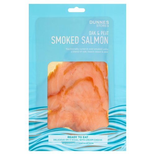 Oak & Peat Smoked Salmon Slices (Defrosted)<br/><br/><b>Nutritional Claims</b><br/>High in Protein<br/>High in Omega 3<br/><br/><b>Features</b><br/>Ready to Eat<br/>Traditionally cured & cold smoked using a blend of oak, beech wood & peat<br/>Delicious on a Bagel with Cream Cheese<br/>Responsibly Sourced<br/>High in Protein and Omega 3<br/><br/><b>Pack Size</b><br/>100g ℮<br/><br/><br/><b>Ingredients</b><br/>Salmon (<span style='font-weight: bold;'>Fish</span>) (97.5%)<br/>Sea Salt<br/><br/><b>Allergy Advice</b><br/>For allergens, see ingredients in bold.<br/><br/><br/><b>Safety Warning</b><br/>CAUTION<br/>
- Whilst every effort has been made to remove all bones, some may remain.<br/><br/><b>Storage Type</b><br/>Chilled<br/><br/><b>Storage and Usage Statements</b><br/>Suitable for Home Freezing<br/>Keep Refrigerated<br/>Ready to Eat<br/><br/><b>Storage</b><br/>Keep refrigerated 0°C to +4°C. Suitable for home freezing.<br/>
- Consume within 48 hours of opening and by 'use by' date.<br/>
- Suitable for home freezing.<br/>
- If freezing, freeze on the day of purchase and consume within 1 month.<br/>
- Defrost thoroughly in refrigerator before serving and use within 24 hours.<br/>
- Once thawed do not refreeze.<br/>
- This product may have been previously frozen and defrosted to chill temperature under controlled conditions. Further freezing will not affect the quality.<br/><br/><b>Storage Conditions</b><br/>Min Temp °C 0<br/>Max Temp °C 4<br/><br/><b>Preparation and Usage</b><br/>Serving<br/>
- Separate the slices of salmon 20 minutes before serving to allow the salmon to reach room temperature.<br/>
- Sprinkle with freshly cracked black pepper and some thinly sliced red onion. Serve with a freshly toasted bagel and cream cheese.<br/><br/><b>Origin</b><br/>Salmon (Salmo salar) farmed in S: Scotland & F: Faroe Islands. For precise origin, see last letter(s) of 'use by' date<br/>Smoked and Packed in Co. Mayo<br/><br/><b>Company Name</b><br/>Dunnes Stores<br/><br/><b>Company Address</b><br/>46-50 South Great George's Street,<br/>
Dublin 2.<br/>
<br/>
Store 3,<br/>
Forestside S.C.,<br/>
Upr. Galwally Rd.,<br/>
Belfast,<br/>
BT8 6FX.<br/><br/><b>Return To</b><br/>Quality Guarantee: Dunnes Stores is a brand of quality and better value since 1944. If you try and are not entirely satisfied with this Dunnes Stores product, please return the item with the original packaging and receipt to the store and we will be happy to replace or refund it for you. This does not affect your statutory rights.<br/>
Dunnes Stores,<br/>
46-50 South Great George's Street,<br/>
Dublin 2.<br/>
<br/>
Dunnes Stores (Bangor) Ltd.,<br/>
28 Hill Street,<br/>
Newry,<br/>
Co. Down,<br/>
BT34 1AR.<br/>