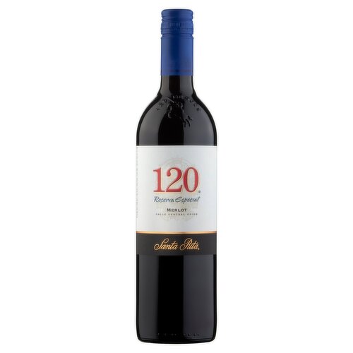 <b>Further Description</b><br/>Certified Sustainable Wine of Chile<br/>
www.sustentavid.org<br/><br/><b>Features</b><br/>Wine of Chile<br/><br/><b>Pack Size</b><br/>750ML ℮<br/><br/><b>General Alcohol Data</b><br/>Alcohol By Volume - 13<br/>Tasting Notes - Our 120 Merlot is smooth with aromas of strawberry, plum and vanilla. Flavors of red berry and notes of spicy oak build into a stylish finish<br/>Units - 9.8<br/><br/><b>Storage Type</b><br/>Ambient<br/><br/>Country of Origin - Chile<br/><br/><b>Origin</b><br/>Wine of Chile<br/><br/><b>Company Name</b><br/>Santa Rita Europe Ltd.<br/><br/><b>Company Address</b><br/>287-291,<br/>
Banbury Road,<br/>
Oxford,<br/>
OX2 7JQ,<br/>
UK.<br/><br/><b>Telephone Helpline</b><br/>+44(0) 1865 404 700<br/><br/><b>Web Address</b><br/>www.santarita.com<br/><br/><b>Return To</b><br/>Santa Rita Europe Ltd.,<br/>
287-291,<br/>
Banbury Road,<br/>
Oxford,<br/>
OX2 7JQ,<br/>
UK.<br/>
Customer help line: +44(0) 1865 404 700<br/>
www.santarita.com<br/><br/>