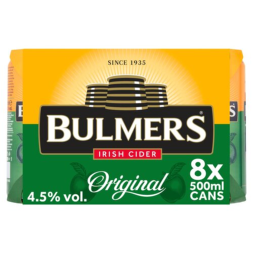 <b>Features</b><br/>From the Juice of 17 Apple Varieties<br/>Suitable for Coeliacs<br/><br/><b>Lifestyle</b><br/>Suitable for Coeliacs<br/><br/><b>Pack Size</b><br/>500ml ℮<br/><br/><b>General Alcohol Data</b><br/>Alcohol By Volume - 4.5<br/><br/><b>Number of Units</b><br/>8<br/><br/><b>Storage Type</b><br/>Ambient<br/><br/><b>Storage</b><br/>Best Before End: See Base of Can<br/><br/>Country of Origin - Ireland<br/><br/><b>Origin</b><br/>Produced in Ireland<br/><br/><b>Company Name</b><br/>C&C Group<br/><br/><b>Company Address</b><br/>Annerville,<br/>
Clonmel,<br/>
Co. Tipperary.<br/><br/><b>Telephone Helpline</b><br/>1800 252 042<br/><br/><b>Web Address</b><br/>www.bulmers.ie<br/><br/><b>Return To</b><br/>C&C Group,<br/>
Annerville,<br/>
Clonmel,<br/>
Co. Tipperary.<br/>
Careline: 1800 252 042<br/>