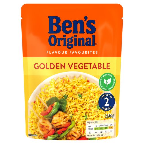 Steamed parboiled long grain rice with pepper, sweetcorn and peas.<br/><br/><b>Further Description</b><br/>Visit BensOriginal.co.uk or BensOriginal.ie to find out more.<br/>
<br/>
Discover more on our website<br/>
<br/>
We're working hard to ensure that 100% of our packaging is recyclable, reusable or compostable by 2025. The rice in this pouch has been grown as part of our sustainability programme. Visit bensoriginal.co.uk to find out more about our commitments.<br/><br/><b>Features</b><br/>Convenient: Microwave rice in just 2 minutes<br/>Nutritious - no artificial colours, flavours or preservatives<br/>Ben´s Original™ Golden Vegetable microwave rice is suitable for vegetarians<br/>Sustainably sourced rice<br/>Gently steamed for 2 servings of perfect rice every time<br/><br/><b>Lifestyle</b><br/>Suitable for Vegetarians<br/><br/><b>Pack Size</b><br/>250g ℮<br/><br/><b>Usage Count</b><br/>Number of uses - Servings - 2<br/><br/><b>Recycling Info</b><br/>Pack - Don't Recycle<br/><br/><br/><b>Ingredients</b><br/>Steamed Parboiled Long Grain Rice (83%)<br/>Red Pepper (4.7%)<br/>Carrot<br/>Sweetcorn (3.1%)<br/>Peas (1.9%)<br/>Sunflower Oil<br/>Salt<br/>Yeast Extract<br/>Natural Flavouring<br/>Onion Powder<br/>Spices<br/>Acid (Citric Acid)<br/><br/><b>Storage Type</b><br/>Ambient<br/><br/><b>Storage</b><br/>Store in a dry place at room temperature. Once opened refrigerate unheated rice for up to 3 days.<br/><br/><b>Cooking Guidelines</b><br/>Cooking Instructions - General - Perfect every time...<br/>Hob - From Ambient - Squeeze the pouch to separate the rice.<br/>
Boil 30ml (about 2tbsp) water.<br/>
Add the rice, cover and simmer for 3 mins.<br/>
Stir rice through for a perfect finish.<br/>Microwave - From Ambient - Squeeze the pouch to separate the rice.<br/>
Tear the top corner open slightly.<br/>
Heat for 2 mins in a 700W microwave or 90 sec in a 900W.<br/>
Stir rice through for a perfect finish.<br/>Stir Fry - From Ambient - Squeeze the pouch to separate the rice.<br/>
Stir fry for 2 minutes.<br/><br/><b>Origin</b><br/>UK<br/><br/><b>Company Name</b><br/>Mars Food UK / Mars Foods Ireland Limited<br/><br/><b>Company Address</b><br/>GB: Freepost Mars Food UK.<br/>
<br/>
IE: Mars Foods Ireland Limited,<br/>
PO Box 3856,<br/>
Dublin 4.<br/><br/><b>Durability after Opening</b><br/>Consume Within - Days - 3<br/><br/><b>Telephone Helpline</b><br/>GB: 0800 952 1234<br/>IE: 1800 013 013<br/><br/><b>Web Address</b><br/>www.bensoriginal.co.uk<br/>www.bensoriginal.ie<br/><br/><b>Return To</b><br/>GB: Freepost Mars Food UK.<br/>
0800 952 1234<br/>
www.bensoriginal.co.uk<br/>
<br/>
IE: Mars Foods Ireland Limited,<br/>
PO Box 3856,<br/>
Dublin 4.<br/>
1800 013 013<br/>
www.bensoriginal.ie<br/>