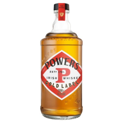 Gold Label<br/><br/><b>Features</b><br/>Non-Chill Filtered<br/>Full Flavour<br/>Triple Distilled<br/>Bold Flavour from the Heart<br/><br/><b>Pack Size</b><br/>700ML ℮<br/><br/><b>General Alcohol Data</b><br/>Alcohol By Volume - 40<br/><br/><b>Storage Type</b><br/>Ambient<br/><br/>Country of Origin - Ireland<br/><br/><b>Safety Statements</b><br/>Pregnancy Warning<br/><br/><b>Origin</b><br/>Product of Ireland<br/><br/><b>Company Name</b><br/>Midleton Distillery<br/><br/><b>Company Address</b><br/>Midleton,<br/>
Co. Cork,<br/>
Ireland.<br/><br/><b>Web Address</b><br/>powerswhiskey.com<br/><br/><b>Return To</b><br/>Midleton Distillery,<br/>
Midleton,<br/>
Co. Cork,<br/>
Ireland.<br/>
powerswhiskey.com<br/><br/>