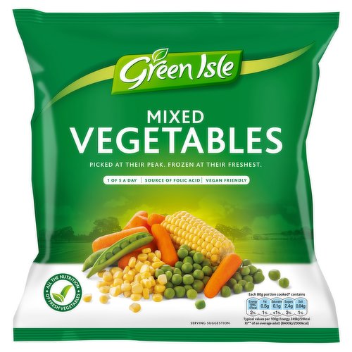 Quick-Frozen Vegetable Mix of Peas, Carrots and Sweetcorn<br/><br/><b>Further Description</b><br/>For Delicious 5 a Day Recipe Ideas Visit<br/>
www.greenisle.ie/recipes<br/>
<br/>
No Food Waste with Frozen<br/><br/><b>Nutritional Claims</b><br/>Source of Folic Acid<br/>Source of Fibre<br/><br/><b>Features</b><br/>Picked at Their Peak. Frozen at Their Freshest<br/>1 of 5 a Day<br/>Source of Folic Acid<br/>All the Nutrition of Fresh Vegetable<br/>Source of Fibre<br/>Contains No Artificial Colours, Flavours or Preservatives<br/>Vegan Friendly<br/><br/><b>Lifestyle</b><br/>Suitable for Vegans<br/><br/><b>Pack Size</b><br/>450g ℮<br/><br/><b>Usage Other Text</b><br/>Average number of portions per pack 5-6<br/><br/><b>Usage Count</b><br/>Number of uses - Servings - 5-6<br/><br/><br/><b>Ingredients</b><br/>Peas 40%<br/>Baby Carrots 32%<br/>Sweetcorn 28%<br/><br/><b>Safety Warning</b><br/>Although every care is taken when growing our baby carrots, some may have a hard inner centre.<br/><br/><b>Storage Type</b><br/>Ambient<br/><br/><b>Storage</b><br/>After purchase, store in freezer at -18ºC.<br/>
Do Not Refreeze Once Thawed.<br/><br/><b>Cooking Guidelines</b><br/>Boil - From Ambient - Place the required amount of Green Isle Mixed Vegetables into boiling water. Cover, bring back to the boil and simmer for 3-4 minutes.<br/>Cooking Instructions - General - These instructions are guidelines only as cooking appliances vary. This product must be cooked thoroughly. Always check the product is piping hot before serving.<br/>Microwave - From Ambient - Place 160g of Green Isle Mixed Vegetables into a microwaveable container with lid. Add 2-3 tablespoons of water.<br/>
Heat for 1-2 minutes, stir, then heat for another 1-2 minutes at 800W.<br/>
Stand for 1 minute before serving.<br/><br/>Country of Origin - Produce of the EU<br/><br/><b>Origin</b><br/>Product of the EU<br/><br/><b>Company Name</b><br/>Green Isle Foods<br/><br/><b>Company Address</b><br/>PO Box 1116,<br/>
Naas,<br/>
Co. Kildare,<br/>
Ireland.<br/>
<br/>
Unit 22,<br/>
Lisburn Enterprise Centre,<br/>
6 Enterprise Crescent,<br/>
Ballinderry Road,<br/>
Lisburn,<br/>
BT28 2BP.<br/><br/><b>Telephone Helpline</b><br/>00 353 (0) 45 574574<br/><br/><b>Web Address</b><br/>www.greenisle.ie<br/><br/><b>Return To</b><br/>Contact Green Isle Foods<br/>
If you have any issues with this product, please return the packaging and quality code to the address below stating where and when purchased. This does not affect your statutory rights.<br/>
Green Isle Foods,<br/>
PO Box 1116,<br/>
Naas,<br/>
Co. Kildare,<br/>
Ireland.<br/>
<br/>
Green Isle Foods,<br/>
Unit 22,<br/>
Lisburn Enterprise Centre,<br/>
6 Enterprise Crescent,<br/>
Ballinderry Road,<br/>
Lisburn,<br/>
BT28 2BP.<br/>
00 353 (0) 45 574574<br/>
E: CustomerRelations@greenislefoods.ie<br/>
www.greenisle.ie<br/>