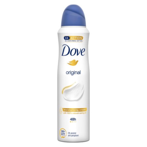 <b>Features</b><br/>Dove Original Anti-perspirant Deodorant Aerosol provides up to 48 hours of sweat and odour protection<br/>Our anti-perspirant deodorant helps your delicate underarm skin recover from irritation caused by shaving<br/>Containing our unique ¼ moisturising cream, this deodorant spray gives you beautifully soft and smooth underarms<br/>This women's deodorant is dermatologically tested and contains 0% alcohol to help reduce irritation<br/>The delicate, subtle scent of Dove Original deodorant helps keep you feeling fresh all day long<br/>Stay dry all day without compromising on smooth underarm skin with our deodorant spray<br/><br/><b>Pack Size</b><br/>150millilitre ℮<br/><br/><br/><b>Ingredients</b><br/>Butane, Isobutane, Propane, Aluminum Chlorohydrate, PPG-14 Butyl Ether, Cyclopentasiloxane, Parfum, Disteardimonium Hectorite, Helianthus Annuus Seed Oil, C12-15 Alkyl Benzoate, BHT, Octyldodecanol, Dimethiconol, Propylene Carbonate, Alpha-Isomethyl Ionone, Benzyl Alcohol, Benzyl Salicylate, Citronellol, Coumarin, Eugenol, Geraniol, Hexyl Cinnamal<br/><br/><b>Safety Warning</b><br/>Deo Aerosol AP DIRECTIONS: Shake well, hold can 15cm from the underarm and spray. CAUTION: Do not use on broken skin. Stop use if rash or irritation occurs. Avoid direct inhalation. Use in short bursts in well-ventilated places, avoid prolonged spraying. Do not spray near eyes. Use only as directed. DANGER: Extremely Flammable Aerosol. Pressurised container:  May burst if heated.  Keep away from heat, hot surfaces, sparks, open flames and other ignition sources. No smoking. Do not spray on an open flame or other ignition source. Do not pierce or burn, even after use. Protect from sunlight. Do not expose to temperatures exceeding 50°C. Keep out of reach of children..<br/><br/><b>Storage Type</b><br/>Ambient<br/><br/><b>Storage</b><br/>Protect from sunlight. Do not expose to temperatures exceeding 50°C. Keep out of reach of children.<br/><br/><b>Preparation and Usage</b><br/>DIRECTIONS: Shake well, hold can 15cm from the underarm and spray. CAUTION: Do not use on broken skin. Stop use if rash or irritation occurs. Avoid direct inhalation. Use in short bursts in well-ventilated places, avoid prolonged spraying. Do not spray near eyes. Use only as directed.<br/><br/>Country of Origin - United Kingdom<br/><br/><b>Origin</b><br/>United Kingdom<br/><br/><b>Company Name</b><br/>Unilever UK Ltd. / Unilever Ireland Ltd.<br/><br/><b>Company Address</b><br/>Unilever Dept ER,<br/>
Wirral CH63 3JW UK<br/><br/><b>Telephone Helpline</b><br/>UK: 0800 085 1548<br/>
ROI:  1850 404 060 (Callsave)<br/><br/><b>Web Address</b><br/>www.dove.com/uk<br/>
www.unilever.com<br/><br/>