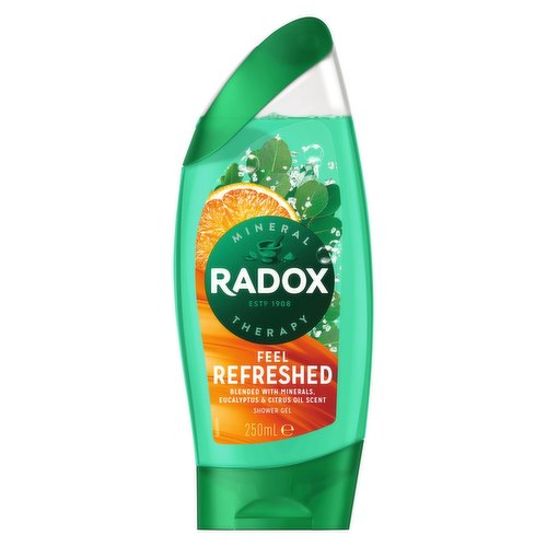 <b>Features</b><br/>RADOX Mineral Therapy Feel Refreshed Shower Gel provides a refreshing shower experience that revives your senses<br/>Our energising shower gel for women is made with a unique blend of herbs and minerals which activates with hot water to cleanse and revive you<br/>Infused with the crisp eucalyptus scent of fresh, forest air, mixed with the zesty aroma of citrus oil, RADOX Feel Refreshed shower gel leaves your skin feeling refreshed and cleansed<br/>Our invigorating shower gel is suitable for daily use, simply squeeze it out, lather on body and indulge in an uplifting shower experience<br/>Our refreshing body wash is pH neutral and suitable for all skin types<br/>RADOX shower gel rinses off easily, leaving your skin feeling fresh and clean<br/><br/><b>Pack Size</b><br/>250millilitre ℮<br/><br/><br/><b>Ingredients</b><br/>Aqua, Sodium Laureth Sulfate, Cocamidopropyl Betaine, Sodium Chloride, Parfum, Sodium Benzoate, Citric Acid, Sodium Lactate, Tetrasodium EDTA, Maris Sal, Calcium Chloride, Magnesium Sulfate, Benzyl Alcohol, Hexyl Cinnamal, Limonene, Linalool, CI 19140, CI 42090<br/><br/><b>Safety Warning</b><br/>CAUTION: Avoid contact with eyes. If eye contact occurs, rinse well with water. If rash or irritation occurs, discontinue use.Avoid contact with eyes. If eye contact occurs, rinse well with water. If rash or irritation occurs, discontinue use.<br/><br/><b>Storage Type</b><br/>Ambient<br/><br/><b>Storage</b><br/>not applicable<br/><br/><b>Preparation and Usage</b><br/>not applicable<br/><br/>Country of Origin - United Kingdom<br/><br/><b>Origin</b><br/>United Kingdom<br/><br/>