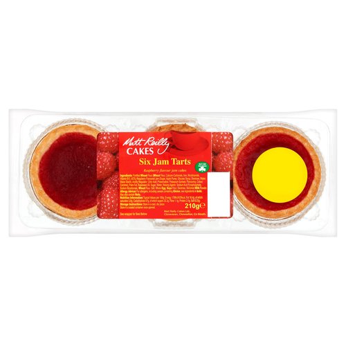 Raspberry flavour jam cakes<br/><br/><b>Features</b><br/>Buy me I'm Irish<br/><br/><b>Pack Size</b><br/>210g ℮<br/><br/><br/><b>Ingredients</b><br/>Fortified <span style='font-weight: bold;'>Wheat</span> Flour (<span style='font-weight: bold;'>Wheat</span> Flour, Calcium Carbonate, Iron, Nicotinamide, Vitamin B1)<br/>(42%) Raspberry Flavoured Jam (Sugar, Apple Puree, Glucose Syrup, Dextrose, Water, Maize Starch, Acidity Regulator: Citric Acid; Preservative: Potassium Sorbate; Flavouring, Colour: Carmine)<br/>Palm Fat<br/>Rapeseed Oil<br/>Sugar<br/>Water<br/>Raising Agents: Sodium Acid Pyrophosphate, Sodium Bicarbonate, <span style='font-weight: bold;'>Wheat</span> Flour<br/>Salt<br/>Whole <span style='font-weight: bold;'>Egg</span><br/><span style='font-weight: bold;'>Soya</span> Flour<br/>Dextrose<br/>Skimmed <span style='font-weight: bold;'>Milk</span> Powder<br/><br/><b>Allergy Advice</b><br/>For allergens, including Cereals containing <span style='font-weight: bold;'>Gluten</span>, see ingredients in <span style='font-weight: bold;'>bold</span><br/><br/><br/><b>Allergy Text</b><br/>May also contain <span style='font-weight: bold;'>Nuts</span><br/><br/><br/><b>Storage Type</b><br/>Ambient<br/><br/><b>Storage</b><br/>Store in a cool, dry place<br/>
Store in a sealed container once opened.<br/>
See wrapper for Best Before<br/><br/><b>Company Name</b><br/>Matt Reilly Cakes Ltd.<br/><br/><b>Company Address</b><br/>Cloneveran,<br/>
Clonmellon,<br/>
Co. Meath.<br/><br/><b>Return To</b><br/>Matt Reilly Cakes Ltd.,<br/>
Cloneveran,<br/>
Clonmellon,<br/>
Co. Meath.<br/>