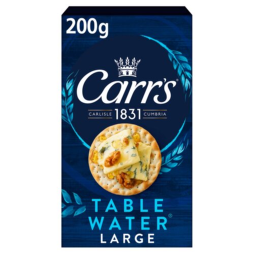Table Water Biscuits<br/><br/><b>Further Description</b><br/>www.123healthybalance.com<br/><br/><b>Features</b><br/>Suitable for vegetarians<br/><br/><b>Lifestyle</b><br/>Suitable for Vegetarians<br/><br/><b>Pack Size</b><br/>200g ℮<br/><br/><b>Usage Other Text</b><br/>Typical number of biscuits per pack: 26<br/><br/><b>Usage Count</b><br/>Number of uses - Servings - 26<br/><br/><b>Recycling Info</b><br/>Carton - Recycle<br/><br/><br/><b>Ingredients</b><br/>Flour (<span style='font-weight: bold;'>Wheat</span> Flour, Calcium, Iron, Niacin, Thiamin)<br/>Vegetable Oil (Palm)<br/>Salt<br/><br/><b>Allergy Advice</b><br/>For allergens, including Cereals containing Gluten, see ingredients in <span style='font-weight: bold;'>bold</span>.<br/><br/><br/><b>Allergy Text</b><br/>May also contain Sesame Seeds.<br/><br/><br/><b>Storage Type</b><br/>Ambient<br/><br/><b>Storage</b><br/>For Best Before date see base of pack.<br/>
Store in a cool, dry place.<br/>
Once opened, store in an airtight container.<br/><br/><b>Company Name</b><br/>Carr's of Carlisle / UB Snackfoods Ireland Ltd.<br/><br/><b>Company Address</b><br/>Carr's of Carlisle,<br/>
The Biscuit Works,<br/>
54 Church Street,<br/>
Carlisle,<br/>
Cumbria,<br/>
CA2 5TG,<br/>
UK.<br/>
<br/>
UB Snackfoods Ireland Ltd.,<br/>
33 - 36 Northwood Court,<br/>
Freepost FDN5292,<br/>
Dublin 9,<br/>
Ireland.<br/><br/><b>Telephone Helpline</b><br/>UK 0800 9174520<br/>1800 409317<br/><br/><b>Return To</b><br/>Quality Guarantee<br/>
Please contact us on our Careline if you have any feedback on our products, or write to the Consumer Services Team, enclosing your pack, complete with the Best Before panel and contents. This does not affect your statutory rights.<br/>
Tel: Freephone (Mon - Fri 9am - 5pm)<br/>
UK 0800 9174520<br/>
Republic of Ireland 1800 409317<br/>
Mail: (UK): Carr's of Carlisle,<br/>
The Biscuit Works,<br/>
54 Church Street,<br/>
Carlisle,<br/>
Cumbria,<br/>
CA2 5TG,<br/>
UK.<br/>
<br/>
(Outside UK): Consumer Services,<br/>
UB Snackfoods Ireland Ltd.,<br/>
33 - 36 Northwood Court,<br/>
Freepost FDN5292,<br/>
Dublin 9,<br/>
Ireland.<br/>
Email via: www.unitedbiscuits.com<br/>