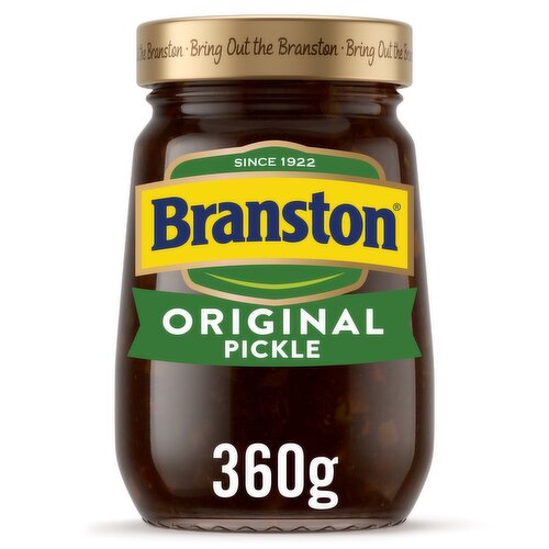 Sweet Pickle with Mixed Vegetables and Spices<br/><br/><b>Features</b><br/>Bring out the Branston<br/>Suitable for vegans<br/><br/><b>Lifestyle</b><br/>Suitable for Vegans<br/><br/><b>Pack Size</b><br/>360g ℮<br/><br/><b>Recycling Info</b><br/>Cap - Recycle<br/>Jar - Recycle<br/><br/><br/><b>Ingredients</b><br/>Vegetables in Variable Proportions (52%) (Carrot, Rutabaga, Onion, Cauliflower)<br/>Sugar<br/><span style='font-weight: bold;text-decoration: underline;'>Barley</span> Malt Vinegar<br/>Water<br/>Spirit Vinegar<br/>Tomato Purée<br/>Date Paste (Dates, Rice Flour)<br/>Salt<br/>Apple Pulp<br/>Modified Maize Starch<br/>Colour (<span style='font-weight: bold;text-decoration: underline;'>Sulphite</span> Ammonia Caramel)<br/>Onion Powder<br/>Concentrated Lemon Juice<br/>Spices<br/>Colouring Food (Roasted <span style='font-weight: bold;text-decoration: underline;'>Barley</span> Malt Extract)<br/>Herb<br/>Spice Extracts<br/><br/><b>Allergy Advice</b><br/>For allergens, see ingredients in <span style='font-weight: bold;text-decoration: underline;'>bold</span>.<br/><br/><br/><b>Storage Type</b><br/>Ambient<br/><br/><b>Storage</b><br/>Store in a cool dry place. Once opened keep in the fridge and use within 6 weeks.<br/>
Best Before End: See Cap<br/><br/><b>Preparation and Usage</b><br/>Serving suggestion: Spoon out and enjoy in a delicious pickle, cheese & ham baguette sandwich!<br/><br/><b>Company Name</b><br/>Mizkan<br/><br/><b>Company Address</b><br/>PO Box 145,<br/>
Birmingham,<br/>
B24 8WR,<br/>
UK.<br/><br/><b>Durability after Opening</b><br/>Consume Within - Weeks - 6<br/><br/><b>Web Address</b><br/>www.bringoutthebranston.co.uk<br/><br/><b>Return To</b><br/>www.bringoutthebranston.co.uk<br/>
hello@mizkan.co.uk<br/>
Mizkan,<br/>
PO Box 145,<br/>
Birmingham,<br/>
B24 8WR,<br/>
UK.<br/>