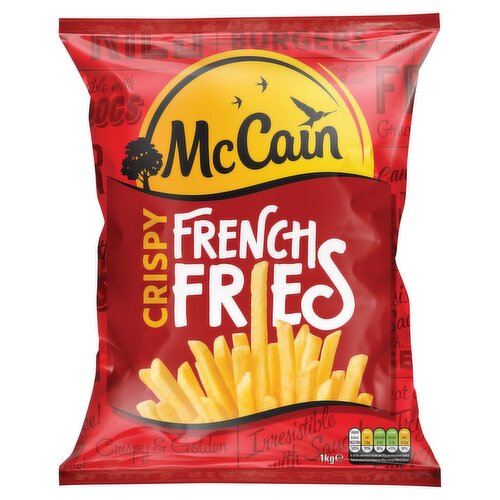 Crispy French Fries, thin fries cut from fresh potato and coated<br/><br/><b>Further Description</b><br/>Did You Know?<br/>
We're helping our farmers adopt regenerative agricultural practices across 100% of their potato fields by 2030.<br/>
To find out more about our commitment visit www.mccain.co.uk/sustainability<br/>
<br/>
For more information see www.mccain.co.uk<br/><br/><b>Features</b><br/>Suitable for Vegans<br/>Halal - HFA Approved<br/>Kosher - SKA<br/><br/><b>Lifestyle</b><br/>Halal<br/>Kosher<br/>Suitable for Vegans<br/><br/><b>Pack Size</b><br/>1kg ℮<br/><br/><b>Usage Other Text</b><br/>This pack contains 7 ovened servings<br/><br/><b>Usage Count</b><br/>Number of uses - Servings - 7<br/><br/><br/><b>Ingredients</b><br/>Potatoes (88%)<br/>Vegetable Oils (Rapeseed, Sunflower) - in varying proportions<br/>Batter (<span style='font-weight: bold;'>WHEAT</span> Flour (with Calcium, Iron, Niacin, Thiamin), Modified Starch (Maize, Tapioca), Rice Flour, Salt, Corn Starch, Turmeric Extract, Colour (Paprika Extract))<br/><br/><b>Allergy Advice</b><br/>For allergens, see ingredients in <span style='font-weight: bold;'>BOLD</span><br/><br/><br/><b>Storage Type</b><br/>Frozen<br/><br/><b>Storage and Usage Statements</b><br/>Keep Frozen<br/><br/><b>Storage</b><br/>Keep frozen at -18°c or below<br/>
If thawed do not refreeze<br/><br/><b>Storage Conditions</b><br/>Max Temp °C -18<br/><br/><b>Cooking Guidelines</b><br/>Cooking Instructions - General - Here's how to cook 350g of McCain crispy french fries. If cooking a different amount, adjust the cooking time accordingly.<br/>
To get the best results cook from frozen, our instructions are guidelines only. For the most delicious results, do not overcook!<br/>Other - From Frozen - Air Fryer<br/>
Preheat air fryer to 200°C.<br/>
Cook times below based on the power output of the air fryer.<br/>
Cook times may vary in different models. Adjust cooking time accordingly.<br/>
2000W 8mins<br/>
1700W 10mins<br/>
1400W 16mins<br/>
Place the fries in the basket. Shake half way through cooking. Cook until they're lovely, crisp and light golden.<br/>Oven cook - From Frozen - Preheat the oven to 230°C/220°C Fan/Gas Mark 8.<br/>
Spread a single layer of fries onto a baking tray and pop it into the top of the oven.<br/>
Bake for 14 - 16 minutes, turning them every now and again, until they're lovely, crisp and light golden.<br/><br/><b>Company Name</b><br/>McCain Foods (GB) Ltd<br/><br/><b>Company Address</b><br/>Havers Hill,<br/>
Scarborough,<br/>
YO11 3BS.<br/><br/><b>Telephone Helpline</b><br/>0800 146 573<br/>ROI 1800 409 623<br/><br/><b>Web Address</b><br/>www.mccain.co.uk/contact-us<br/><br/><b>Return To</b><br/>Contact Us<br/>
Visit Us Online<br/>
www.mccain.co.uk/contact-us<br/>
Call Us<br/>
0800 146 573 (ROI 1800 409 623)<br/>
Mon to Fri 9am-5pm.<br/>
Except Bank Holidays.<br/>
Write to Us<br/>
Customer Experience Team,<br/>
McCain Foods (GB) Ltd,<br/>
Havers Hill,<br/>
Scarborough,<br/>
YO11 3BS.<br/>