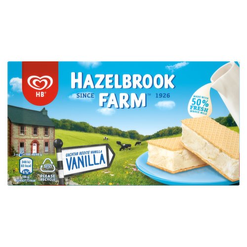 Vanilla Flavour Ice Cream (made with 50% Fresh Whole Milk)<br/><br/><b>Features</b><br/>Hazelbrook farm ice cream has been connecting generations and improving family moments since 1926<br/>Our pack features the 1898 Hazelbrook farmhouse, home to the Hughes brothers and the original HB dairy<br/>Frozen ice cream to be stored at -18˚C<br/>We are happy to tell you that HB Hazelbrook Farm is made with 50% fresh whole milk and all natural flavours<br/>Hazelbrook Farm Vanilla is made with fresh whole Milk, contains no artificial colours or flavours<br/>Containing no artificial colours or flavours it's perfect for the whole family to enjoy!<br/><br/><b>Pack Size</b><br/>568ml ℮<br/><br/><br/><b>Ingredients</b><br/>Fresh Whole <span style='font-weight: bold;'>MILK</span><br/>Reconstituted Skimmed <span style='font-weight: bold;'>MILK</span><br/>Sugar<br/>Glucose-Fructose Syrup<br/>Coconut Fat<br/>Glucose Syrup<br/>Whey Solids (<span style='font-weight: bold;'>MILK</span>)<br/>Emulsifier (Mono- and Diglycerides of Fatty Acids)<br/>Stabilisers (Locust Bean Gum, Guar Gum, Carrageenan)<br/>Flavouring (contains <span style='font-weight: bold;'>MILK</span>)<br/>Skimmed <span style='font-weight: bold;'>MILK</span> Powder or Concentrate<br/><br/><b>Storage Type</b><br/>Frozen<br/><br/><b>Storage and Usage Statements</b><br/>Keep Frozen<br/><br/><b>Storage</b><br/>Store at -18°C. Best before end: See side of pack.<br/><br/><b>Storage Conditions</b><br/>Max Temp °C -18<br/><br/><b>Company Name</b><br/>Unilever UK / Unilever Ireland Ltd<br/><br/><b>Company Address</b><br/>Unilever UK,<br/>
Wall's,<br/>
Freepost ADM3940,<br/>
London,<br/>
SW1A 1YR.<br/>
<br/>
Unilever Ireland Ltd,<br/>
20 Riverwalk,<br/>
National Digital Park,<br/>
Citywest Business Campus,<br/>
Dublin 24.<br/><br/><b>Telephone Helpline</b><br/>UK 0800 731 1507<br/>IE: 1850 444 424<br/><br/><b>Return To</b><br/>Unilever UK,<br/>
Wall's,<br/>
Freepost ADM3940,<br/>
London,<br/>
SW1A 1YR.<br/>
Careline 0800 731 1507<br/>
UKIcare@unilever.com<br/>
<br/>
Unilever Ireland Ltd,<br/>
20 Riverwalk,<br/>
National Digital Park,<br/>
Citywest Business Campus,<br/>
Dublin 24.<br/>
Careline:1850 444 424<br/>