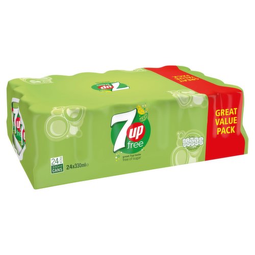 Carbonated Low Calorie Lemon and Lime Flavoured Soft Drink with Sweeteners.<br/><br/><b>Nutritional Claims</b><br/>Free of sugar<br/><br/><b>Features</b><br/>Great 7up taste<br/>Free of sugar and caffeine<br/>Free of colour<br/><br/><b>Lifestyle</b><br/>No Sugar<br/><br/><b>Pack Size</b><br/>330ml ℮<br/><br/><b>Usage Other Text</b><br/>Pack contains 24 servings of 330ml<br/><br/><b>Usage Count</b><br/>Number of uses - Servings - 24<br/><br/><br/><b>Ingredients</b><br/>Carbonated Water<br/>Acids (Citric Acid, Malic Acid)<br/>Natural Lemon and Lime Flavouring<br/>Acidity Regulator (Sodium Citrate)<br/>Sweeteners (Aspartame, Acesulfame K)<br/>Preservative (Sodium Benzoate)<br/><br/><b>Number of Units</b><br/>24<br/><br/><b>Safety Warning</b><br/>Contains a Source of Phenylalanine.<br/>
<br/>
CAUTION: PRESSURISED CONTAINERS, HANDLE WITH CARE.<br/><br/><b>Storage Type</b><br/>Ambient<br/><br/><b>Storage</b><br/>Best Before: See Base of Cans.<br/><br/><b>Company Name</b><br/>Britvic Ireland Ltd.<br/><br/><b>Company Address</b><br/>P.O. Box 2020,<br/>
Dublin 10,<br/>
Ireland.<br/><br/><b>Web Address</b><br/>www.7up.ie<br/><br/><b>Return To</b><br/>Britvic Ireland Ltd.,<br/>
P.O. Box 2020,<br/>
Dublin 10,<br/>
Ireland.<br/>
www.7up.ie<br/>