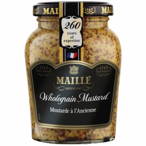 Wholegrain Mustard<br/><br/><b>Features</b><br/>Try the gourmet French Maille Wholegrain mustard, a key ingredient in the condiment cupboard and ideal for everyday use<br/>The mild flavour and warmth of the Maille Wholegrain Mustard seeds makes it the perfect ingredient in a wide range of dishes<br/>Made with beautifully whole Brassica Juncea mustard seeds, this mustard is an ideal accompaniment to beef, a key ingredient for any French salad dressing, but also recommended for lamb and pork chops<br/>Add a gourmet finishing touch of the condiment to your steak with a spoonful of our wholegrain mustard; why not try adding it to marinades, mash potato or a hot potato salad for an added kick?<br/>Maille mustard is the French mustard of choice for chefs and is guaranteed to add a gourmet touch to your dish<br/>Maille Wholegrain French mustard is an indispensable condiment for all those who love to cook because flavour is made to be explored<br/><br/><b>Pack Size</b><br/>210gram ℮<br/><br/><br/><b>Ingredients</b><br/>Spirit vinegar, MUSTARD seeds, water, salt, white wine (4.8%) (contains SULPHITE), sugar, natural flavouring, acid (lactic acid)<br/><br/><b>Allergy Advice</b><br/>For allergens, including Cereals containing Gluten, see ingredients in CAPITALS<br/><br/><br/><b>Storage</b><br/>Keep in a cool, dry place.<br/>
After opening keep refrigerated and use within 3 months. Do not freeze.<br/><br/><b>Preparation and Usage</b><br/>null<br/><br/>Country of Origin - France<br/><br/><b>Origin</b><br/>France<br/><br/><b>Company Name</b><br/>Unilever UK Ltd. / Unilever Ireland Ltd.<br/><br/><b>Company Address</b><br/>Unilever UK,<br/>
Maille,<br/>
Freepost ADM3940,<br/>
London,<br/>
SW1A 1YR.<br/>
<br/>
Unilever Ireland,<br/>
20 Riverwalk,<br/>
Citywest,<br/>
Dublin 24.<br/>
<br/>
Freephone 0800 1218098 Callsave (ROI) 1850308608 Mon-Fri 8am-6pm www.maille.co.uk<br/><br/><b>Telephone Helpline</b><br/>0800 121 8098 (UK)<br/>
1850 540550 (ROI)<br/><br/><b>Web Address</b><br/>www.maille.co.uk<br/><br/><b>Return To</b><br/>Unilever UK,<br/>
Maille,<br/>
Freepost ADM3940,<br/>
London,<br/>
SW1A 1YR.<br/>
<br/>
Unilever Ireland,<br/>
20 Riverwalk,<br/>
Citywest,<br/>
Dublin 24.<br/>