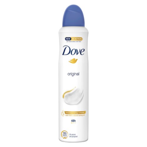 <b>Features</b><br/>Dove Original Anti-perspirant Aerosol combines effective sweat and odour protection with a delicate, long-lasting scent<br/>Dove Original deodorant contains ¼ moisturising cream for beautifully soft and smooth underarms<br/>This alcohol-free deodorant gives up to 48 hours of anti-perspirant protection and helps reduce skin irritation<br/>This aerosol deodorant sprays effortlessly for easy and fast application<br/>Dove Original Anti-perspirant Aerosol is dermatologically tested and provides the ultimate combination of protection and care<br/>Globally, Dove deodorant is not tested on animals and is certified as Cruelty-Free by PETA<br/><br/><b>Pack Size</b><br/>250millilitre ℮<br/><br/><br/><b>Ingredients</b><br/>Butane, Isobutane, Propane, Aluminum Chlorohydrate, PPG-14 Butyl Ether, Cyclopentasiloxane, Parfum, Disteardimonium Hectorite, Helianthus Annuus Seed Oil, C12-15 Alkyl Benzoate, BHT, Octyldodecanol, Dimethiconol, Propylene Carbonate, Alpha-Isomethyl Ionone, Benzyl Alcohol, Benzyl Salicylate, Citronellol, Coumarin, Eugenol, Geraniol, Hexyl Cinnamal<br/><br/><b>Safety Warning</b><br/>Logo "SOLVENT ABUSE CAN KILL INSTANTLY"Deo Aerosol AP DIRECTIONS: Shake well, hold can 15cm from the underarm and spray. CAUTION: Do not use on broken skin. Stop use if rash or irritation occurs. Avoid direct inhalation. Use in short bursts in well-ventilated places, avoid prolonged spraying. Do not spray near eyes. Use only as directed. DANGER: Extremely Flammable Aerosol. Pressurised container:  May burst if heated.  Keep away from heat, hot surfaces, sparks, open flames and other ignition sources. No smoking. Do not spray on an open flame or other ignition source. Do not pierce or burn, even after use. Protect from sunlight. Do not expose to temperatures exceeding 50°C. Keep out of reach of children..<br/><br/><b>Storage Type</b><br/>Ambient<br/><br/><b>Storage</b><br/>Protect from sunlight. Do not expose to temperatures exceeding 50°C. Keep out of reach of children.<br/><br/><b>Preparation and Usage</b><br/>DIRECTIONS: Shake well, hold can 15cm from the underarm and spray. CAUTION: Do not use on broken skin. Stop use if rash or irritation occurs. Avoid direct inhalation. Use in short bursts in well-ventilated places, avoid prolonged spraying. Do not spray near eyes. Use only as directed.<br/><br/>Country of Origin - United Kingdom<br/><br/><b>Origin</b><br/>United Kingdom<br/><br/><b>Company Name</b><br/>Unilever UK Ltd. / Unilever Ireland Ltd.<br/><br/><b>Company Address</b><br/>Unilever Dept ER,<br/>
Wirral CH63 3JW UK<br/><br/><b>Telephone Helpline</b><br/>UK: 0800 085 1548<br/>
ROI:  1850 404 060 (Callsave)<br/><br/><b>Web Address</b><br/>www.dove.com/uk<br/>
www.unilever.com<br/><br/>
