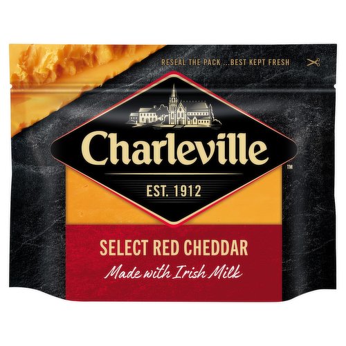 Red Cheddar<br/><br/><b>Nutritional Claims</b><br/>High in Protein<br/>High in Calcium<br/><br/><b>Features</b><br/>Made with Irish Milk<br/>High in Protein and Calcium<br/>Gluten free<br/>Suitable for Vegetarians<br/><br/><b>Lifestyle</b><br/>Gluten free<br/>Suitable for Vegetarians<br/><br/><b>Pack Size</b><br/>200g ℮<br/><br/><b>Usage Other Text</b><br/>This pack contains 10 servings<br/><br/><b>Usage Count</b><br/>Number of uses - Servings - 10<br/><br/><b>Recycling Info</b><br/>Film - Don't Recycle<br/><br/><br/><b>Ingredients</b><br/><span style='font-weight: bold;'>Cheese</span> made from Pasteurised Cows' <span style='font-weight: bold;'>Milk</span><br/>Colour: Annatto Norbixin<br/><br/><b>Allergy Advice</b><br/>For allergens, see ingredients in <span style='font-weight: bold;'>bold</span>.<br/><br/><br/><b>Storage Type</b><br/>Chilled<br/><br/><b>Storage and Usage Statements</b><br/>Keep Refrigerated<br/><br/><b>Storage</b><br/>Keep It Fresh<br/>
To enjoy your Charleville Cheese at its best, always keep refrigerated and use within 3 days of opening.<br/><br/><b>Preparation and Usage</b><br/>A Delicious Thought<br/>
Spread sweet & spicy chilli jam on toasted sourdough then stack with thick slices of our select cheddar.<br/>
Dot with halved, ripe cherry tomatoes and grill for 4 minutes for a quick & spicy lunch time treat.<br/><br/>Packed In - Northern Ireland<br/><br/><b>Origin</b><br/>Cheese sourced from Ireland and packed in Northern Ireland<br/><br/><b>Company Name</b><br/>Kerry EMEA / Kerry Foods Ltd<br/><br/><b>Company Address</b><br/>Kerry EMEA,<br/>
Naas,<br/>
Co. Kildare,<br/>
W91 W923.<br/>
<br/>
Kerry Foods Ltd,<br/>
Egham,<br/>
Surrey,<br/>
TW20 8HY.<br/><br/><b>Durability after Opening</b><br/>Consume Within - Days - 3<br/><br/><b>Telephone Helpline</b><br/>1800 924 632<br/>0800 783 4321<br/><br/><b>Web Address</b><br/>www.charleville.ie<br/><br/><b>Return To</b><br/>Don't be a Stranger<br/>
Kerry EMEA,<br/>
Naas,<br/>
Co. Kildare,<br/>
W91 W923.<br/>
Customer Careline: 1800 924 632<br/>
www.charleville.ie<br/>
<br/>
Kerry Foods Ltd,<br/>
Egham,<br/>
Surrey,<br/>
TW20 8HY.<br/>
Customer Careline: 0800 783 4321<br/>