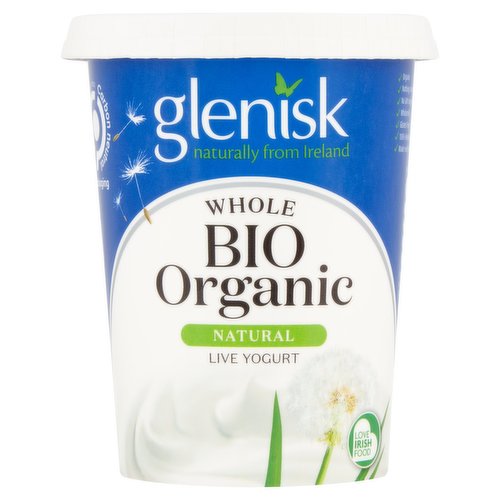 <b>Further Description</b><br/>Help us plant another one million trees<br/>
Self Help Africa<br/>
Find out more at glenisk.com<br/><br/><b>Features</b><br/>Organic<br/>Naturally from Ireland<br/>Wholemilk<br/>100% renewable packaging<br/>Made with pasteurised milk<br/>Gluten free<br/>Nothing artificial<br/>No GM ingredients<br/>Suitable for coeliacs<br/>Suitable for Vegetarians<br/><br/><b>Lifestyle</b><br/>Gluten free<br/>Organic<br/>Suitable for Coeliacs<br/>Suitable for Vegetarians<br/><br/><b>Pack Size</b><br/>500g ℮<br/><br/><b>Usage Other Text</b><br/>Pack contains 5 servings<br/><br/><b>Usage Count</b><br/>Number of uses - Servings - 5<br/><br/><br/><b>Ingredients</b><br/>Organic Whole <span style='font-weight: bold;'>Milk</span><br/>Cultures (Streptococcus Thermophilus, Bifidobacterium, Lactobacillus Casei, Lactobacillus Bulgaricus)<br/><br/><b>Allergy Advice</b><br/>For allergens, see ingredients in <span style='font-weight: bold;'>bold</span>.<br/><br/><br/><b>Storage Type</b><br/>Chilled<br/><br/><b>Storage and Usage Statements</b><br/>Keep Refrigerated<br/><br/><b>Storage</b><br/>Keep refrigerated. Use by: See side.<br/>
Store between 0°C and 5'C. Stir before use.<br/>
Use within 3 days of opening.<br/>
Use by: See Lid.<br/><br/><b>Storage Conditions</b><br/>Min Temp °C 0<br/>Max Temp °C 5<br/><br/><b>Company Name</b><br/>Glenisk Ltd.<br/><br/><b>Company Address</b><br/>Newtown,<br/>
Killeigh,<br/>
Tullamore,<br/>
Co. Offaly,<br/>
Irleand.<br/><br/><b>Web Address</b><br/>www.glenisk.com<br/><br/><b>Return To</b><br/>Glenisk Ltd.,<br/>
Newtown,<br/>
Killeigh,<br/>
Tullamore,<br/>
Co. Offaly,<br/>
Irleand.<br/>
www.glenisk.com<br/>