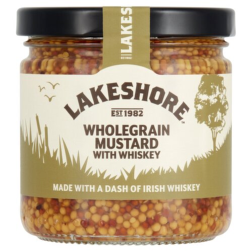 Wholegrain Mustard with Whiskey<br/><br/><b>Features</b><br/>Made with a Dash of Irish Whiskey<br/><br/><b>Pack Size</b><br/>205g ℮<br/><br/><br/><b>Ingredients</b><br/>Water<br/><span style='font-weight: bold;'>Mustard</span> Seed (33%)<br/>Spirit Vinegar<br/>Salt<br/>Irish Whiskey (2%)<br/>Sugar<br/>Antioxidant: Citric Acid<br/>Flavouring<br/>Colour: Curcumin<br/><br/><b>Allergy Advice</b><br/>For allergens, see ingredients in <span style='font-weight: bold;'>bold</span>.<br/><br/><br/><b>Safety Warning</b><br/>IF SEAL IS BROKEN DO NOT USE<br/><br/><b>Storage Type</b><br/>Ambient<br/><br/><b>Storage</b><br/>Store in a cool, dry place away from direct sunlight. Once opened, keep refrigerated.<br/>
Best Before: See jar.<br/><br/><b>Company Name</b><br/>Lakeshore<br/><br/><b>Company Address</b><br/>Boyne Valley Group,<br/>
Platin Road,<br/>
Drogheda,<br/>
Co. Meath,<br/>
Ireland.<br/><br/><b>Web Address</b><br/>www.lakeshore.ie<br/><br/><b>Return To</b><br/>Lakeshore,<br/>
Boyne Valley Group,<br/>
Platin Road,<br/>
Drogheda,<br/>
Co. Meath,<br/>
Ireland.<br/>
www.lakeshore.ie<br/>