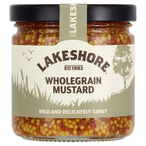 Wholegrain Mustard<br/><br/><b>Features</b><br/>Mild and Delicately Tangy<br/><br/><b>Pack Size</b><br/>205g ℮<br/><br/><br/><b>Ingredients</b><br/><span style='font-weight: bold;'>Mustard</span> Seeds (33%)<br/>Water<br/>Spirit Vinegar<br/>Apple Cider Vinegar<br/>Sugar<br/>Salt<br/>Apple Juice Concentrate<br/>Antioxidant: Citric Acid<br/>Colour: Curcumin<br/><br/><b>Allergy Advice</b><br/>For allergens, see ingredients in <span style='font-weight: bold;'>bold</span>.<br/><br/><br/><b>Safety Warning</b><br/>IF SEAL IS BROKEN DO NOT USE<br/><br/><b>Storage Type</b><br/>Ambient<br/><br/><b>Storage</b><br/>Store in a cool, dry place away from direct sunlight. Once opened, keep refrigerated.<br/>
Best Before: See Jar.<br/><br/><b>Company Name</b><br/>Lakeshore<br/><br/><b>Company Address</b><br/>Boyne Valley Group,<br/>
Platin Road,<br/>
Drogheda,<br/>
Co. Meath,<br/>
Ireland.<br/><br/><b>Web Address</b><br/>www.lakeshore.ie<br/><br/><b>Return To</b><br/>Lakeshore,<br/>
Boyne Valley Group,<br/>
Platin Road,<br/>
Drogheda,<br/>
Co. Meath,<br/>
Ireland.<br/>
www.lakeshore.ie<br/>