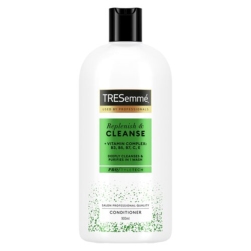 <b>Features</b><br/>Tresemme Replenish & Cleanse Conditioner is designed to lightly hydrate and refresh greasy hair without build-up<br/>Enriched with vitamin C, this moisturising conditioner for greasy hair revitalises from within to add healthy body and gleam<br/>This professional-quality conditioner leaves hair shiny, manageable, and touchably soft<br/>Our hair care experts are at the forefront of science and safety – every ingredient is carefully selected to ensure your hair receives the best possible care<br/>Apply Tresemme Replenish & Cleanse Shampoo, lather and rinse, and follow with the Replenish & Cleanse hair conditioner to maximise results<br/>With Tresemme professional hair care, you can create your personal style to achieve your aspirations with confidence<br/><br/><b>Pack Size</b><br/>900millilitre ℮<br/><br/><br/><b>Ingredients</b><br/>Aqua, Cetearyl Alcohol, Stearamidopropyl Dimethylamine, Behentrimonium Chloride, Parfum, Dimethicone, Dipropylene Glycol, Lactic Acid, Sodium Chloride, Disodium EDTA, Amodimethicone, Magnesium Nitrate, Arginine, Lysine HCl, Biotin, Tocopheryl Acetate, Ascorbic Acid, Niacinamide, Panthenol, Ceramide NG, Methylisothiazolinone, Methylchloroisothiazolinone, Hexyl Cinnamal, Limonene, Linalool<br/><br/><b>Safety Warning</b><br/>Avoid contact with eyes. In case of contact with eyes, rinse thoroughly with water..<br/><br/><b>Storage Type</b><br/>Ambient<br/><br/>Country of Origin - United Kingdom<br/><br/><b>Origin</b><br/>United Kingdom<br/><br/><b>Company Name</b><br/>Unilever UK Ltd. / Unilever Ireland Ltd.<br/><br/><b>Company Address</b><br/>Unilever Dept ER,<br/>
Wirral CH63 3JW UK<br/><br/><b>Telephone Helpline</b><br/>UK: 0800 585 895<br/>
ROI: 1850 404060 (Callsave)<br/><br/><b>Web Address</b><br/>www.unilever.com, www.tresemme.co.uk<br/><br/>