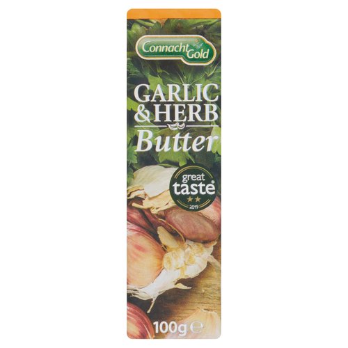 Garlic and herb butter<br/><br/><b>Features</b><br/>Great taste 2019<br/>100% creamery butter infused with garlic & fresh herbs<br/>Suitable for vegetarians<br/><br/><b>Lifestyle</b><br/>Suitable for Vegetarians<br/><br/><b>Pack Size</b><br/>100g ℮<br/><br/><b>Usage Other Text</b><br/>Pack contains approximately 20 x 5g servings<br/><br/><b>Usage Count</b><br/>Number of uses - Servings - 20<br/><br/><br/><b>Ingredients</b><br/>Butter (<span style='font-weight: bold;'>Milk</span>)<br/>Chives<br/>Parsley<br/>Garlic<br/>Dill<br/>Salt & Spices<br/><br/><b>Allergy Advice</b><br/>For allergens see highlighted ingredients.<br/><br/><br/><b>Allergy Text</b><br/>May contain traces of Gluten, Eggs, Soya, Celery, Mustard.<br/><br/><br/><b>Storage Type</b><br/>Chilled<br/><br/><b>Storage and Usage Statements</b><br/>Keep Refrigerated<br/><br/><b>Storage</b><br/>Keep refrigerated between 1-5°C.<br/><br/><b>Storage Conditions</b><br/>Min Temp °C 1<br/>Max Temp °C 5<br/><br/><b>Preparation and Usage</b><br/>Suitable for baking and frying.<br/><br/><b>Company Name</b><br/>Aurivo Foods Ltd.<br/><br/><b>Company Address</b><br/>P.O. Box 335,<br/>
Sligo,<br/>
Ireland.<br/><br/><b>Telephone Helpline</b><br/>+353 7191 86500<br/><br/><b>Web Address</b><br/>www.connachtgold.ie<br/><br/><b>Return To</b><br/>Aurivo Consumer Foods Ltd.,<br/>
P.O. Box 335,<br/>
Sligo,<br/>
Ireland.<br/>
Tel: +353 7191 86500<br/>
consumerfoods@aurivo.ie<br/>
www.connachtgold.ie<br/>
Follow us on Twitter @connachtgold and Facebook/ConnachtGold<br/>