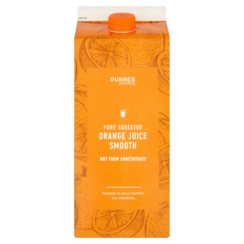 Pasteurised Squeezed Orange Juice, Not from Concentrate<br/><br/><b>Nutritional Claims</b><br/>High in Vitamin C<br/><br/><b>Features</b><br/>Each 150ml = 1 of 5 a day<br/>High in Vitamin C<br/>Suitable for Vegetarians<br/><br/><b>Lifestyle</b><br/>Suitable for Vegetarians<br/><br/><b>Pack Size</b><br/>1.75L ℮<br/><br/><b>Usage Other Text</b><br/>Number of servings per pack: 11 approx.<br/><br/><b>Usage Count</b><br/>Number of uses - Servings - 11<br/><br/><b>Recycling Info</b><br/>Cap - Check Locally<br/>Carton - Widely Recycled<br/><br/><br/><b>Ingredients</b><br/>Orange Juice (100%)<br/><br/><b>Storage Type</b><br/>Chilled<br/><br/><b>Storage and Usage Statements</b><br/>Keep Refrigerated<br/><br/><b>Storage</b><br/>Keep Refrigerated 0°C to +4°C.<br/>
- Once opened, consume within 4 days of opening and by 'use by' date.<br/>
- For 'use by' date, see top of carton.<br/><br/><b>Storage Conditions</b><br/>Min Temp °C 0<br/>Max Temp °C 4<br/><br/><b>Preparation and Usage</b><br/>Our Suggestions<br/>
Serving<br/>
- Best served chilled.<br/>
- Shake well before opening.<br/><br/><b>Origin</b><br/>Packed in Ballybofey, Co. Donegal<br/><br/><b>Company Name</b><br/>Dunnes Stores<br/><br/><b>Company Address</b><br/>46-50 South Great George's Street,<br/>
Dublin 2.<br/>
<br/>
Store 3,<br/>
Forestside S.C.,<br/>
Upr. Galwally Rd,<br/>
Belfast,<br/>
BT8 6FX.<br/><br/><b>Return To</b><br/>Quality Guarantee<br/>
If you are not satisfied with this product please return to store and we will be happy to replace or refund it for you. This does not affect your statutory rights.<br/>
Dunnes Stores,<br/>
46-50 South Great George's Street,<br/>
Dublin 2.<br/>
<br/>
Dunnes Stores,<br/>
Store 3,<br/>
Forestside S.C.,<br/>
Upr. Galwally Rd,<br/>
Belfast,<br/>
BT8 6FX.<br/>