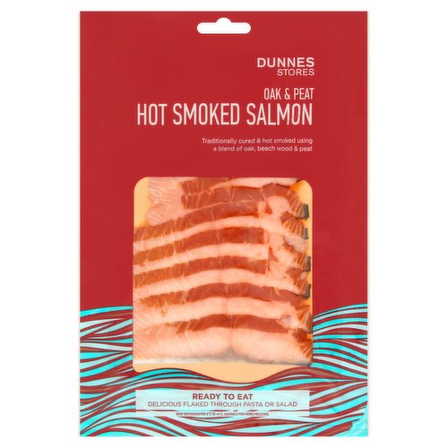Oak & Peat Hot Smoked Salmon Slices (Defrosted)<br/><br/><b>Nutritional Claims</b><br/>High in Protein<br/>High in Omega 3<br/><br/><b>Features</b><br/>Traditionally cured & hot smoked using a blend of oak, beech wood & peat<br/>Ready to Eat<br/>Delicious Flaked through Pasta or Salad<br/>High in Protein and Omega 3s<br/>Responsibly Sourced<br/><br/><b>Pack Size</b><br/>100g ℮<br/><br/><b>Recycling Info</b><br/>Bag - Plastic - Not Currently Recycled<br/><br/><br/><b>Ingredients</b><br/>Salmon (<span style='font-weight: bold;'>Fish</span>) (97.5%)<br/>Sea Salt<br/><br/><b>Allergy Advice</b><br/>For allergens, see ingredients in bold.<br/><br/><br/><b>Safety Warning</b><br/>CAUTION<br/>
- Whilst every effort has been made to remove all bones, some may remain.<br/><br/><b>Storage Type</b><br/>Chilled<br/><br/><b>Storage and Usage Statements</b><br/>Suitable for Home Freezing<br/>Keep Refrigerated<br/><br/><b>Storage</b><br/>Keep Refrigerated 0°C to +4°C.<br/>
- Consume within 48 hours of opening and by 'use by' date.<br/>
- Suitable for home freezing.<br/>
- If freezing, freeze on the day of purchase and consume within 1 month<br/>
- Defrost thoroughly in refrigerator before serving and use within 24 hours.<br/>
- Once thawed do not refreeze.<br/>
- This product has been previously frozen and defrosted to chill temperature under controlled conditions. Further freezing will not affect the quality.<br/><br/><b>Storage Conditions</b><br/>Min Temp °C 0<br/>Max Temp °C 4<br/><br/><b>Preparation and Usage</b><br/>Our Suggestions<br/>
Serving<br/>
- Separate the slices of salmon 20 minutes before serving to allow the salmon to reach room temperature<br/>
- Delicious served with salad, in your favourite pasta dish or simply with some fresh brown soda bread and a squeeze of lemon.<br/><br/><b>Origin</b><br/>Salmon (Salmo salar) farmed in S: Scotland & F: Faroe Islands<br/>Smoked and packed in Co. Mayo<br/><br/><b>Company Name</b><br/>Dunnes Stores<br/><br/><b>Company Address</b><br/>46-50 South Great George's Street,<br/>
Dublin 2.<br/>
<br/>
Store 3,<br/>
Forestside S.C.,<br/>
Upr. Galwally Rd.,<br/>
Belfast,<br/>
BT8 6FX.<br/><br/><b>Return To</b><br/>Quality Guarantee<br/>
Dunnes Stores is a brand of quality and better value since 1944. If you try and are not entirely satisfied with this Dunnes Stores product, please return the item with the original packaging and receipt to the store and we will be happy to replace or refund it for you. This does not affect your statutory rights.<br/>
Dunnes Stores,<br/>
46-50 South Great George's Street,<br/>
Dublin 2.<br/>
<br/>
Dunnes Stores,<br/>
Store 3,<br/>
Forestside S.C.,<br/>
Upr. Galwally Rd.,<br/>
Belfast,<br/>
BT8 6FX.<br/>