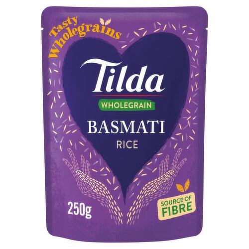 Wholegrain Basmati Rice<br/><br/><b>Further Description</b><br/>Visit www.tilda.com for more information on our range and for tasty recipe inspiration!<br/><br/><b>Nutritional Claims</b><br/>Source of fibre<br/>No added salt<br/><br/><b>Features</b><br/>Tasty wholegrains<br/>Ready in 2 mins<br/>Source of fibre<br/>Gluten free<br/>No added salt<br/>Free from artificial colours, flavours and preservatives<br/>Suitable for vegetarians & vegans<br/><br/><b>Lifestyle</b><br/>Gluten free<br/>No Added Salt<br/>Suitable for Vegans<br/>Suitable for Vegetarians<br/><br/><b>Pack Size</b><br/>250g ℮<br/><br/><b>Usage Other Text</b><br/>2 servings per pack: Serving size 125g<br/><br/><b>Usage Count</b><br/>Number of uses - Servings - 2<br/><br/><br/><b>Ingredients</b><br/>Natural Wholegrain Basmati Rice - Steamed (98%)<br/>Rice Bran Oil<br/>Acacia Fibre<br/><br/><b>Safety Warning</b><br/>Do not consume if pack is damaged or pierced.<br/><br/><b>Storage Type</b><br/>Ambient<br/><br/><b>Storage</b><br/>Once opened keep refrigerated and use within 2 days.<br/><br/><b>Cooking Guidelines</b><br/>Cooking Instructions - General - Take care when handling the heated pouch.<br/>
Microwave ovens may vary. Adjust cooking time accordingly.<br/>
Best served hot but can be consumed cold.<br/>Microwave - From Ambient - Squeeze pouch, tear strip, microwave 800W 2 mins<br/>Stir Fry - From Ambient - Stir fry for 3 mins, serve & enjoy.<br/><br/><b>Preparation and Usage</b><br/>Delicious and wholesome, Tilda® Microwave rice is the perfect meal or accompaniment that can be heated in a microwave for 2 minutes or for just 3 minutes in a pan. The wide range includes over 20 different, tasty variants ranging from classic grains such as Pure Basmati, Jasmine and Long Grain to inspiring flavours from around the world such as Caribbean Rice & Peas, Coconut and Peri Peri. Whether you're cooking up a curry, building a burrito, or finding the perfect rice to go with your favourite seasoned chicken, Tilda has you covered. The whole range is gluten free and vegetarian, and contains no artificial flavourings, colours or preservatives. Nearly the whole range is also suitable for vegans (please check individual product details).<br/>
<br/>
Perfect for a quick Middle-Eastern inspired one-pot dish. Fry red onions, cinnamon and chicken. Add rice straight from the pouch and stir through apricots and coriander. Garnish with pomegranate seeds. Or for a tasty vegetarian alternative, replace chicken with pre-cooked chickpeas.<br/><br/>Country of Origin - United Kingdom<br/><br/><b>Origin</b><br/>Made in the UK from imported and local ingredients<br/><br/><b>Company Name</b><br/>Tilda<br/><br/><b>Company Address</b><br/>PO Box 550,<br/>
Rainham,<br/>
RM13 9AE,<br/>
UK.<br/><br/><b>Durability after Opening</b><br/>Consume Within - Days - 2<br/><br/><b>Return To</b><br/>Tilda,<br/>
PO Box 550,<br/>
Rainham,<br/>
RM13 9AE,<br/>
UK.<br/>
Contact us via feedback@tilda.com<br/>