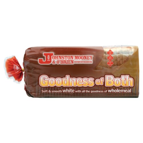 Goodness of Both<br/><br/><b>Nutritional Claims</b><br/>Source of fibre<br/>No added sugar<br/>Source of protein<br/><br/><b>Features</b><br/>Soft & smooth white will all the goodness of wholemeal<br/>Hygiene & food safety<br/>Source of fibre and protein<br/>No added sugar<br/>Suitable for vegetarians<br/><br/><b>Lifestyle</b><br/>No Added Sugar<br/>Suitable for Vegetarians<br/><br/><b>Pack Size</b><br/>800g ℮<br/><br/><b>Usage Other Text</b><br/>This pan contains 21 slices<br/><br/><b>Usage Count</b><br/>Number of uses - Servings - 21<br/><br/><br/><b>Ingredients</b><br/><span style='text-decoration: underline;'>Wheat</span> Flour (<span style='text-decoration: underline;'>Wheat</span>, Calcium Carbonate, Iron, Thiamin, Niacin)<br/>Water<br/>Wholemeal <span style='text-decoration: underline;'>Wheat</span> Flour<br/>Yeast<br/>Salt<br/><span style='text-decoration: underline;'>Soya</span> Flour<br/>Vegetable Oil (Rapeseed)<br/>Emulsifiers: E472e, E481<br/>Vegetable Fat (Palm)<br/>Preservative: E282<br/>Flour Treatment Agents: Ascorbic Acid (Vitamin C), E920<br/><br/><b>Allergy Advice</b><br/>For allergens, including Cereals containing Gluten, please refer to <span style='text-decoration: underline;'>highlighted</span> ingredients<br/><br/><br/><b>Allergy Text</b><br/>May contain traces of Sesame Seed<br/><br/><br/><b>Storage Type</b><br/>Ambient<br/><br/><b>Storage and Usage Statements</b><br/>Suitable for Home Freezing<br/><br/><b>Storage</b><br/>Store in a cool dry place - ideally not refrigerated. Under warm conditions, shelf life may be reduced.<br/>
Freeze on day of purchase. Use within one month.<br/>
Best Before: see bag closure<br/><br/><b>Company Name</b><br/>Johnston Mooney & O'Brien<br/><br/><b>Company Address</b><br/>11 Jamestown Road,<br/>
Finglas,<br/>
Dublin 11.<br/><br/><b>Telephone Helpline</b><br/>01 844 3700<br/><br/><b>Web Address</b><br/>www.jmob.ie<br/><br/><b>Return To</b><br/>Johnston Mooney & O'Brien,<br/>
11 Jamestown Road,<br/>
Finglas,<br/>
Dublin 11.<br/>
Tel: 01 844 3700<br/>
www.jmob.ie<br/>