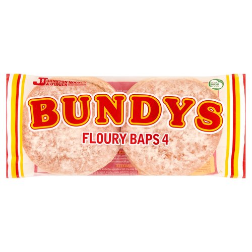 4 Bundys Floury Baps<br/><br/><b>Features</b><br/>Hygiene & Food Safety<br/>Suitable for vegetarians<br/><br/><b>Lifestyle</b><br/>Suitable for Vegetarians<br/><br/><b>Pack Size</b><br/>320g ℮<br/><br/><b>Usage Other Text</b><br/>This pack contains 4 servings<br/><br/><b>Usage Count</b><br/>Number of uses - Servings - 4<br/><br/><br/><b>Ingredients</b><br/><span style='font-weight: bold;'>Wheat</span>flour (Niacin, Thiamin, Iron, Calcium Carbonate)<br/>Water<br/>Yeast<br/>Sugar<br/>Vegetable Oil (Rapeseed & Palm Oil) Emulsifier: Mono- and Diglycerides of Fatty Acids, Mono and Diacetyl Tartaric Esters of Mono- and Diglycerides of Fatty Acids)<br/>Salt<br/>Spirit Vinegar<br/>Calcium Propionate<br/>Flour Treatment Agents: Ascorbic Acid, L-Cysteine Hydrochloride<br/><br/><b>Allergy Advice</b><br/>For allergens, including Cereals containing Gluten, see ingredients in <span style='font-weight: bold;'>bold</span><br/><br/><br/><b>Allergy Text</b><br/>May also contain Nuts, Milk, Egg & Sesame Seeds<br/><br/><br/><b>Storage Type</b><br/>Ambient<br/><br/><b>Storage and Usage Statements</b><br/>Suitable for Home Freezing<br/><br/><b>Storage</b><br/>Store in a cool, dry place away from direct sunlight. Suitable for home freezing on day of purchase. Use within one month. Defrost thoroughly before use. Do not refreeze once defrosted.<br/>
Best Before: See Front of Pack.<br/><br/><b>Company Name</b><br/>Johnston Mooney & O'Brien<br/><br/><b>Company Address</b><br/>11 Jamestown Road,<br/>
Finglas,<br/>
Dublin 11.<br/><br/><b>Telephone Helpline</b><br/>01 844 3700<br/><br/><b>Web Address</b><br/>www.jmob.ie<br/><br/><b>Return To</b><br/>Guarantee<br/>
If you are not entirely satisfied with this product please return it to the store where  it was purchased and we will be pleased to replace or refund it. This does not affect your statutory rights.<br/>
Johnston Mooney & O'Brien,<br/>
11 Jamestown Road,<br/>
Finglas,<br/>
Dublin 11.<br/>
Tel: 01 844 3700<br/>
www.jmob.ie<br/>