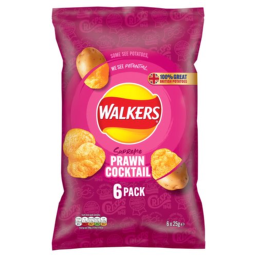 Prawn Cocktail Flavour Potato Crisps (with sugar and sweetener)<br/><br/><b>Nutritional Claims</b><br/>100% Great British Potatoes<br/>We use sustainably sourced British potatoes<br/>100% Quality Ingredients<br/>Fresh taste guaranteed<br/>No added MSG or Artificial Colours<br/>Suitable for Vegetarians<br/>Some see Potatoes, we see Potential<br/>Britain's Favourite Flavours<br/><br/><b>Features</b><br/>100% Great British Potatoes<br/>We use sustainably sourced British potatoes<br/>100% Quality Ingredients<br/>Fresh taste guaranteed<br/>No added MSG or Artificial Colours<br/>Suitable for Vegetarians<br/>Some see Potatoes, we see Potential<br/>Britain's Favourite Flavours<br/><br/><b>Lifestyle</b><br/>Suitable for Vegetarians<br/><br/><b>Pack Size</b><br/>25g ℮<br/><br/><b>Usage Other Text</b><br/>Each inner pack contains 1 serving<br/><br/><b>Usage Count</b><br/>Number of uses - Servings - 6<br/><br/><br/><b>Ingredients</b><br/>Potatoes, Vegetable Oils (Sunflower, Rapeseed, in varying proportions), Prawn Cocktail Seasoning [Flavouring, Sugar, Salt, Acid (Citric acid), Dextrose, Dried Yeast, Potassium Chloride, Dried Onion, Tomato Powder, Yeast Extract, Colour (Paprika extract), Sweetener (Sucralose)], Antioxidants (Rosemary Extract, Ascorbic Acid, Tocopherol Rich Extract, Citric Acid).<br/><br/><b>Allergy Text</b><br/>May Contain: Milk, Wheat, Gluten, Barley, Soya, Celery, Mustard<br/><br/><br/><b>Number of Units</b><br/>6<br/><br/><b>Storage Type</b><br/>Ambient<br/><br/><b>Storage</b><br/>Store in a cool dry place<br/><br/>Country of Origin - United Kingdom<br/><br/><b>Company Name</b><br/>Walkers Snack Foods Ltd. / Walkers<br/><br/><b>Company Address</b><br/>Walkers Snack Foods Ltd.,<br/>
PO Box 23,<br/>
Leicester,<br/>
LE4 8ZU,<br/>
UK.<br/>
<br/>
EU: Walkers,<br/>
c/o Dublin 18,<br/>
D18 Y3Y9.<br/><br/><b>Trademark Information</b><br/>Walkers, and the Walkers Logo, are registered trademarks ©2021.<br/><br/><b>Telephone Helpline</b><br/>UK 0800 274777<br/>
ROI 1800 509408<br/><br/><b>Web Address</b><br/>www.walkers.co.uk<br/><br/><b>Return To</b><br/>At Walkers, we relentlessly pursue the best, freshest, tastiest, crunchiest crisps. But if we didn't nail it this time, please contact us here:<br/>
www.walkers.co.uk<br/>
UK 0800 274777<br/>
ROI 1800 509408<br/>
Weekdays 9am-5pm<br/>
Or Consumer Care<br/>
Walkers Snack Foods Ltd.,<br/>
PO Box 23,<br/>
Leicester,<br/>
LE4 8ZU,<br/>
UK.<br/>
<br/>
EU: Walkers,<br/>
c/o Dublin 18,<br/>
D18 Y3Y9.<br/>
Please have product available when calling.<br/>
Applies to UK and Republic of Ireland only.<br/>
Your statutory rights are not affected.<br/>