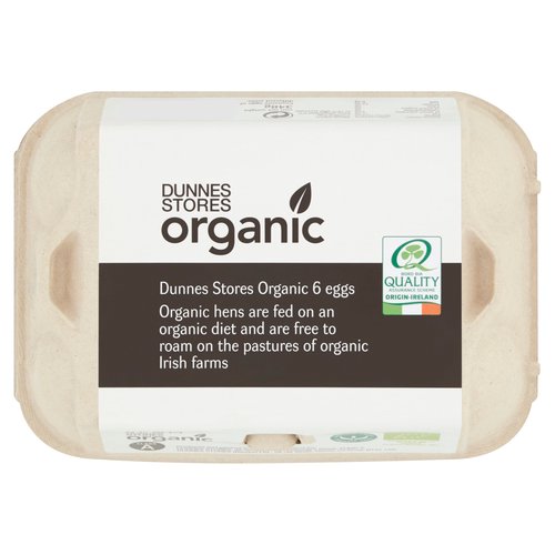 <b>Further Description</b><br/>Organic hens are fed on an organic diet and are free to roam on the pastures of organic Irish farms<br/><br/><b>Features</b><br/>Organic trust<br/><br/><b>Lifestyle</b><br/>Organic<br/><br/><b>Pack Size</b><br/>348g ℮<br/><br/><b>Safety Warning</b><br/>Do not use broken or damaged eggs.<br/><br/><b>Storage Type</b><br/>Chilled<br/><br/><b>Storage and Usage Statements</b><br/>Keep Refrigerated<br/><br/><b>Storage</b><br/>Keep refrigerated 0°C to +4°C after purchase.<br/>
For best results, remove from refrigerator 30 minutes before use<br/><br/><b>Storage Conditions</b><br/>Min Temp °C 0<br/>Max Temp °C 4<br/><br/>Country of Origin - Ireland<br/>Packed In - Ireland<br/><br/><b>Origin</b><br/>Produced and packed in Republic of Ireland<br/><br/><b>Company Name</b><br/>Dunnes Stores / Dunnes Stores (Bangor) Ltd.<br/><br/><b>Company Address</b><br/>Dunnes Stores,<br/>
46-50 South Great George's Street,<br/>
Dublin 2.<br/>
<br/>
Dunnes Stores (Bangor) Ltd.,<br/>
28 Hill Street,<br/>
Newry,<br/>
Co. Down,<br/>
BT34 1AR.<br/><br/><b>Return To</b><br/>Dunnes Stores,<br/>
46-50 South Great George's Street,<br/>
Dublin 2.<br/>
<br/>
Dunnes Stores (Bangor) Ltd.,<br/>
28 Hill Street,<br/>
Newry,<br/>
Co. Down,<br/>
BT34 1AR.<br/>