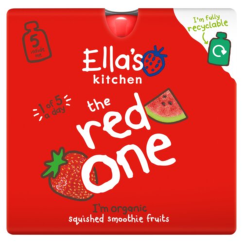 <b>Further Description</b><br/>P.S. let's be friends<br/>
Sign up at ellaskitchen.co.uk<br/>
<br/>
Good stuff we do<br/>
Incredi-Bellies<br/>
Your little one is helping us do good with every gobble.<br/>
Find out more at incredibellies.com<br/><br/><b>Nutritional Claims</b><br/>No added salt or sugar<br/><br/><b>Features</b><br/>I'm organic<br/>No added sugar, salt or water - I contain naturally occurring sugars<br/>No lumps or bits and nothing artificial<br/>Just squished organic fruit for kids<br/><br/><b>Lifestyle</b><br/>No Added Salt<br/>No Added Sugar<br/>Organic<br/><br/><b>Pack Size</b><br/>90g ℮<br/><br/><br/><b>Ingredients</b><br/>Organic Apples 39%<br/>Organic Bananas 32%<br/>Organic Strawberries 20%<br/>Organic Watermelon Juice 5%<br/>Organic Raspberries 4%<br/>Organic Lemon Juice Concentrate (a dash)<br/>Other Stuff 0%<br/><br/><b>Lower Age Limit</b><br/>Advisory - Months - 36<br/><br/><b>Number of Units</b><br/>5<br/><br/><b>Safety Warning</b><br/>Warning: My cap could be a choking hazard to children under 36 months. Please always keep out of their reach. If I am damaged or look inflated with air, do not feed me to your baby and return the damaged pouch to us.<br/><br/><b>Storage Type</b><br/>Ambient<br/><br/><b>Storage</b><br/>Keep me in a cupboard. Once opened, I can be kept in the fridge for up to 48 hours. I can be frozen - I'll be a bit cold but still taste scrummy!<br/><br/><b>Preparation and Usage</b><br/>Using me: Give me a shake, squeeze me onto a spoon and slurp me up!<br/><br/>Country of Origin - Produce of the EU<br/><br/><b>Origin</b><br/>I'm produced in the EU<br/><br/><b>Company Name</b><br/>Ella's Kitchen<br/><br/><b>Company Address</b><br/>RG9 4QG,<br/>
UK.<br/><br/><b>Telephone Helpline</b><br/>+44 (0)330 016 5221<br/><br/><b>Return To</b><br/>Call us on +44 (0)330 016 5221<br/>
Freepost Ella's Kitchen,<br/>
RG9 4QG,<br/>
UK.<br/>