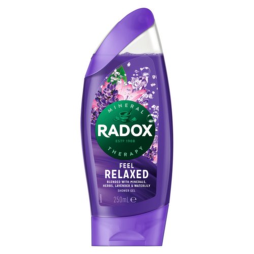 <b>Features</b><br/>Radox Feel Relaxed Shower Gel is a soothing shower experience that leaves your skin delightfully fragrant<br/>An invigorating natural shower gel with lavender and waterlily scents inspired by nature's finest ingredients<br/>Shower gel which cleanses your body and makes you feel uplifted with its mood changing fragrance<br/>Our luxury shower gel is suitable for daily use, squeeze out and lather on body<br/>A refreshing pH neutral lavender shower gel, dermatologically tested and suitable for all skin types<br/>Radox body wash rinses off easily, leaving your skin feeling fresh and clean<br/><br/><b>Pack Size</b><br/>250millilitre ℮<br/><br/><br/><b>Ingredients</b><br/>Aqua, Sodium Laureth Sulfate, Sodium chloride, Cocamidopropyl Betaine, Parfum, Sine Adipe Lac, Lavandula Angustifolia Flower Extract, Nymphaea Alba Root Extract, Sodium lactate, Polyquaternium-7, Sorbitol, Glucose, Propylene glycol, Citric acid, Lactic acid, Sodium benzoate, Potassium sorbate, Tetrasodium EDTA, Benzyl alcohol, Butylphenyl Methylpropional, Benzyl Benzoate, Coumarin, Limonene, Linalool, CI 17200, CI 42090<br/><br/><b>Safety Warning</b><br/>Caution: Avoid contact with eyes. In case of contact, rinse thoroughly with water. Product contains menthol. If you experience discomfort, please stop use. As we are always looking to improve our products, our formulations change from time to time, so please always check the product packaging before useAvoid contact with eyes. If eye contact occurs, rinse well with water. If rash or irritation occurs, discontinue use.<br/><br/><b>Storage Type</b><br/>Ambient<br/><br/><b>Storage</b><br/>null<br/><br/><b>Preparation and Usage</b><br/>None declared<br/><br/>Country of Origin - United Kingdom<br/><br/><b>Origin</b><br/>United Kingdom<br/><br/>