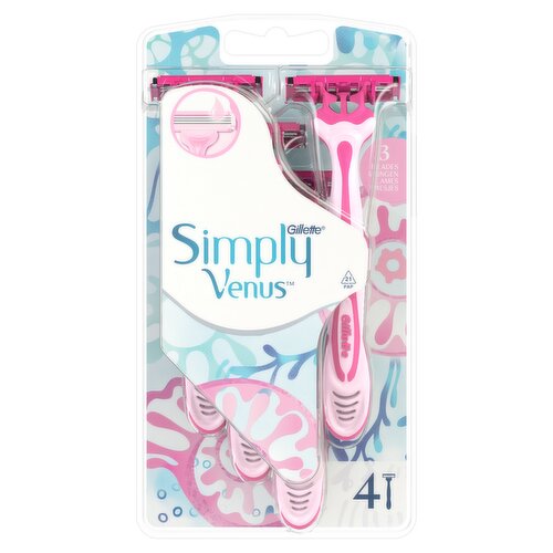<b>Features</b><br/>SIMPLE & COMFORTABLE SHAVE: Venus Simply 3 offers a simple shave and fewer nicks and cuts vs. Venus Simply 2<br/>3 BLADES: This razor offers 3 thin comfort blades for virtually no missed hairs<br/>INCREDIBLE COMFORT: Pivoting head allows the razor to glide over your skin<br/>LUBRASTRIP FOR GLIDE: Equipped with a Lubrastrip for glide<br/>SOFT GRIP HANDLE: This razor’s soft grip handle is designed for no slip in the shower<br/>60% RECYCLED PACK: Packaging is made with 60% recycled material<br/><br/><br/><b>Ingredients</b><br/>PEG-115M<br/>PEG-7M<br/>PEG-100<br/>Silica<br/>Aloe Barbadensis Leaf Juice<br/>Pentaerythrityl Tetra-Di-T-Butyl Hydroxyhydrocinnamate<br/>Tocopheryl Acetate<br/>Tris(Di-T-Butyl)Phosphite<br/>Vitis Vinifera (Grape) Seed Oil<br/>Persea Gratissima (Avocado) Oil<br/>BHT<br/>Glycol<br/><br/><b>Number of Units</b><br/>4<br/><br/><b>Storage Type</b><br/>Ambient<br/><br/>Country of Origin - Poland<br/>Packed In - Poland<br/><br/><b>Origin</b><br/>Poland<br/><br/><b>Telephone Helpline</b><br/>0800 445 53 883<br/><br/><b>Return To</b><br/>Procter & Gamble UK<br/>
Weybridge<br/>
Surrey<br/>
KT13 0XP<br/>
United Kingdom<br/>
0800 445 53 883<br/>
Question? Give us a ring or send us a mail.<br/><br/>