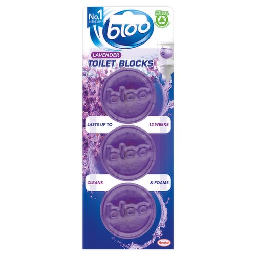 <b>Further Description</b><br/>www.cleanright.eu<br/>
A Charter member<br/><br/><b>Features</b><br/>Lasts up to 12 weeks<br/>Cleans & foams<br/><br/><b>Pack Size</b><br/>38g ℮<br/><br/><b>Recycling Info</b><br/>Card - Widely Recycled<br/><br/><br/><b>Ingredients</b><br/>Contains: > 30% Anionic Surfactants, < 5% Non-Ionic Surfactants, Polycarbolates<br/><br/><b>Number of Units</b><br/>3<br/><br/><b>Safety Warning</b><br/>BLOO LAVENDER IN CISTERN BLOCK 3 x 38 g<br/>
Contains: sodium dodecylbenzenesulphonate, terpineol with impurities, amides, C12-18 and C18-unsatd., N-(hydroxyethyl), sulfonic acids, C14-16-alkane hydroxy and C14-16-alkene, sodium salts<br/>
<br/>
DANGER: Causes skin irritation. May cause an allergic skin reaction. Causes serious eye damage. Harmful to aquatic life with long lasting effects. If medical advice is needed, have product container or label at hand. Keep out of reach of children. Wear protective gloves/eye protection. IF ON SKIN: Wash with plenty of water. IF IN EYES: Rinse cautiously with water for several minutes. Remove contact lenses, if present and easy to do. Continue rinsing. Immediately call a POISON CENTER/doctor. Introduce fully emptied packaging to recycling/municipal waste stream.<br/><br/><b>Storage Type</b><br/>Ambient<br/><br/><b>Storage</b><br/>Store spare blocks in their pack in a cool, dry place.<br/><br/><b>Preparation and Usage</b><br/>Each block lasts up to 4 weeks. Safe to use with septic tanks and all other toilet cleaners. Do not use in porous, crazed or cast-iron cisterns. No need to remove water soluble wrapper. Drop the block into the cistern at the opposite end to the water inlet. Allow 10 minutes for block to settle.<br/><br/><b>Company Name</b><br/>Henkel Ltd. / Henkel Ireland Distribution Ltd.<br/><br/><b>Company Address</b><br/>UK: Henkel Ltd.,<br/>
Wood Lane End,<br/>
Hemel Hempstead,<br/>
Hertfordshire,<br/>
HP2 4RQ,<br/>
United Kingdom.<br/>
<br/>
IRL: Henkel Ireland Distribution Ltd.,<br/>
Tallaght Business Park,<br/>
Whitestown,<br/>
Dublin 24,<br/>
D24 YH42,<br/>
Ireland.<br/><br/><b>CLP Regulation</b><br/>Corrosion - Danger<br/>Exclamation Point - Danger<br/><br/><b>A.I.S.E. Warnings</b><br/>Do not ingest. If product is ingested then seek medical advice<br/>Keep away from children<br/><br/><b>Telephone Helpline</b><br/>+44 (0)1442 278000<br/>+353 (0)14065414<br/>UK: 0845 4900176<br/>IRL: 01 4046514<br/><br/><b>Web Address</b><br/>www.henkel.co.uk<br/>www.bloo.com<br/><br/><b>Return To</b><br/>UK: Henkel Ltd.,<br/>
Wood Lane End,<br/>
Hemel Hempstead,<br/>
Hertfordshire,<br/>
HP2 4RQ,<br/>
United Kingdom.<br/>
Tel: +44 (0)1442 278000<br/>
<br/>
IRL: Henkel Ireland Distribution Ltd.,<br/>
Tallaght Business Park,<br/>
Whitestown,<br/>
Dublin 24,<br/>
D24 YH42,<br/>
Ireland.<br/>
Tel: +353 (0)14065414<br/>
consumer.response@henkel.com<br/>
www.henkel.co.uk<br/>
www.bloo.com<br/>
Consumer Advice:<br/>
UK: 0845 4900176<br/>
IRL: 01 4046514<br/><br/>