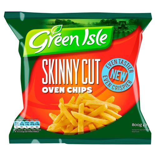 Coated Oven Chips Pre-Fried & Frozen<br/><br/><b>Features</b><br/>Even tastier, crispier<br/>Made with sunflower oil<br/>No artificial flavours, colours or preservatives<br/>Suitable for vegetarians<br/><br/><b>Lifestyle</b><br/>Suitable for Vegetarians<br/><br/><b>Pack Size</b><br/>800g ℮<br/><br/><b>Usage Other Text</b><br/>Average number of portions per pack 5<br/><br/><b>Usage Count</b><br/>Number of uses - Servings - 5<br/><br/><br/><b>Ingredients</b><br/>Potatoes 89%<br/>Sunflower Oil 6%<br/>Coating 5% [Flour (<span style='font-weight: bold;'>Wheat</span>, Rice), Starch (<span style='font-weight: bold;'>Wheat</span>), Salt, Yeast Extract, Dextrose, Spice Extract (Paprika, Turmeric, Sunflower Seed Oil), Raising Agent (E450, E500), Stabilizer (Xanthan Gum), Antioxidant (Sunflower Seed Oil, Rosemary Extract)]<br/>Stabilizer (E450)<br/><br/><b>Allergy Advice</b><br/>For allergens, including Cereals containing Gluten see ingredients in <span style='font-weight: bold;'>bold</span><br/><br/><br/><b>Storage Type</b><br/>Frozen<br/><br/><b>Storage and Usage Statements</b><br/>Keep Frozen<br/><br/><b>Storage</b><br/>Keep frozen<br/>
After purchase store and use as below:<br/>
Food Freezer **** Until best before date†<br/>
Star marked Frozen Food Compartments *** Until best before date†<br/>
Star marked Frozen Food Compartments ** 1 Month<br/>
Star marked Frozen Food Compartments * 1 Week<br/>
†Should be stored at -18°C or below. Do not refreeze once thawed.<br/>
See back for best before date<br/><br/><b>Storage Conditions</b><br/>Max Temp °C -18<br/><br/><b>Cooking Guidelines</b><br/>Cooking Instructions - General - These instructions are guidelines only as cooking appliances vary.<br/>
Remove all packaging before cooking. For best results cook from frozen.<br/>
This product must be cooked thoroughly. Always check the product is piping hot before serving.<br/>Deep Fry - From Frozen - Deep Fry small quantities of Green Isle Chips in hot oil (175°C) for 4-6 minutes depending on how crisp and golden you like your chips. Drain on absorbent paper before serving.<br/>Oven cook - From Frozen - Place the Green Isle Chips on a baking tray in a pre-heated oven. Turn chips once during cooking.<br/>
Fan Assisted Oven: Bake for 15-20 minutes in a pre-heated oven 210°C/Gas mark 6 until crisp  and golden.<br/>
Conventional Oven: Bake for 15-20 minutes in a pre-heated oven at 220°C/Gas mark 7 until crisp and golden.<br/><br/><b>Company Name</b><br/>Green Isle Foods Limited<br/><br/><b>Company Address</b><br/>Monread Road,<br/>
Naas,<br/>
Co. Kildare,<br/>
Ireland.<br/><br/><b>Telephone Helpline</b><br/>00 353 (0) 45 848 000<br/><br/><b>Web Address</b><br/>www.greenislefoods.ie<br/><br/><b>Return To</b><br/>If you have any issues with this or any Green Isle product, please return the packaging and quality code to the address below stating where and when purchased. This does not affect your statutory rights.<br/>
00 353 (0) 45 848 000<br/>
CustomerRelations-greenisle@2sfg.com<br/>
Green Isle Foods Limited,<br/>
Monread Road,<br/>
Naas,<br/>
Co. Kildare,<br/>
Ireland.<br/>
www.greenislefoods.ie<br/>