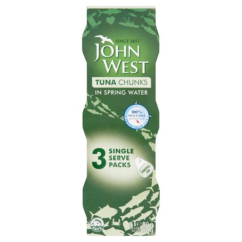 Tuna Chunks in Spring Water<br/><br/><b>Further Description</b><br/>100% Traceable<br/>
Track your can john-west.co.uk<br/><br/><b>Lifestyle</b><br/>Dolphin friendly<br/><br/><b>Pack Size</b><br/>80g ℮<br/><br/><br/><b>Ingredients</b><br/><span style='font-weight: bold;'>Tuna</span><br/>Spring Water<br/>Salt<br/><br/><b>Number of Units</b><br/>3<br/><br/><b>Safety Warning</b><br/>ALTHOUGH CARE IS TAKEN WHEN PREPARING OUR FISH, SOME BONES MAY REMAIN<br/><br/><b>Storage Type</b><br/>Ambient<br/><br/><b>Storage</b><br/>Refrigerate any unused product and consume within 2 days.<br/>
For Best Before End: See Side of Sleeve<br/><br/>Country of Origin - Seychelles<br/><br/><b>Origin</b><br/>Produced in Seychelles<br/><br/><b>Company Name</b><br/>John West Foods Ltd.<br/><br/><b>Company Address</b><br/>Liverpool,<br/>
L3 1BP,<br/>
England.<br/><br/><b>Web Address</b><br/>john-west.co.uk<br/><br/><b>Return To</b><br/>Drop us a line at: ahoy-there@john-west.com<br/>
John West Foods Ltd.,<br/>
Liverpool,<br/>
L3 1BP,<br/>
England.<br/>