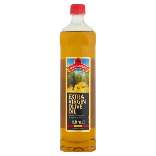 Extra Virgin Olive Oil<br/><br/><b>Features</b><br/>A superior tasting olive oil, enjoy the flavour<br/><br/><b>Pack Size</b><br/>1Litre ℮<br/><br/><br/><b>Ingredients</b><br/>Extra Virgin Olive Oil<br/><br/><b>Storage Type</b><br/>Ambient<br/><br/><b>Storage and Usage Statements</b><br/>Do Not Freeze<br/><br/><b>Storage</b><br/>This product becomes cloudy when the temperature falls below 7°C (45°F). It will clear on reaching normal room temperature. This natural process will not affect the quality of the oil.<br/>
Store in a Cool Dark Place, Do Not Refrigerate<br/><br/><b>Storage Conditions</b><br/>Max Temp °C 7<br/><br/>Country of Origin - Spain<br/><br/><b>Origin</b><br/>Product of Spain<br/><br/><b>Company Name</b><br/>Boyne Valley Group<br/><br/><b>Company Address</b><br/>Platin Road,<br/>
Drogheda,<br/>
Co. Meath,<br/>
Ireland.<br/><br/><b>Web Address</b><br/>www.doncarlos.ie<br/><br/><b>Return To</b><br/>www.doncarlos.ie<br/>
Boyne Valley Group,<br/>
Platin Road,<br/>
Drogheda,<br/>
Co. Meath,<br/>
Ireland.<br/>