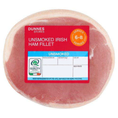 Unsmoked Irish Ham Fillet with added Water<br/><br/><b>Features</b><br/>Made from selected Irish pork<br/><br/><br/><b>Ingredients</b><br/>Irish Pork Leg (87%)<br/>Water<br/>Salt<br/>Antioxidant: Sodium Ascorbate<br/>Preservatives: Potassium Nitrate, Sodium Nitrite<br/><br/><b>Safety Warning</b><br/>CAUTION: Whilst every effort has been made to remove all bones, some may remain.<br/><br/><b>Storage Type</b><br/>Chilled<br/><br/><b>Storage and Usage Statements</b><br/>Suitable for Home Freezing<br/>Cannot be Microwaved<br/>Keep Refrigerated<br/><br/><b>Storage</b><br/>Keep Refrigerated 0°C to +4°C.<br/>
- Consume within 24 hours of opening and by 'use by' date.<br/>
- For 'use by' date and weight, see front of pack.<br/>
- Suitable for home freezing.<br/>
- If freezing, freeze on the day of purchase and consume within 1 month.<br/>
- Defrost thoroughly in refrigerator before cooking and use within 24 hours.<br/>
- Once thawed do not refreeze.<br/><br/><b>Storage Conditions</b><br/>Min Temp °C 0<br/>Max Temp °C 4<br/><br/><b>Cooking Guidelines</b><br/>Cooking Instructions - General - Raw meat products may contain bacteria that could potentially cause illness if mishandled or cooked incorrectly. Keep raw and cooked products separate. Cooking times will vary with appliances, the following are guidelines only. Not suitable for microwave cooking. Remove all outer packaging but leave the casing on if boiling.<br/>
Allow the ham to rest for 10 minutes remove casing prior to carving. Always check the product is piping hot throughout before serving. Do not reheat once cooked.<br/>Hob - From Chilled - Medium Heat 25 mins. per 500g<br/>
- Place the ham in a saucepan of boiling water, return to the boil and simmer for time shown.<br/>
- Drain and serve.<br/>Oven cook - From Chilled - 190°C/375°F/Gas Mark 5 30 mins. 500g plus<br/>
Fan Assisted Oven 170°C 30 mins. extra<br/>
- Preheat oven to required temperature shown above.<br/>
- Remove the inner layer of casing from the ham.<br/>
- Place the ham in an oven proof dish, cover with tin foil, place on the middle shelf of the oven and cook for time indicated.<br/>
- Remove the tin foil for last 30 minutes of cooking.<br/><br/><b>Origin</b><br/>Produced and Packed in Co. Kilkenny<br/><br/><b>Company Name</b><br/>Dunnes Stores / Dunnes Stores (Bangor) Ltd.<br/><br/><b>Company Address</b><br/>Dunnes Stores,<br/>
46-50 South Great George's Street,<br/>
Dublin 2.<br/>
<br/>
Dunnes Stores (Bangor) Ltd.,<br/>
28 Hill Street,<br/>
Newry,<br/>
Co. Down,<br/>
BT34 1AR.<br/><br/><b>Return To</b><br/>Dunnes Stores,<br/>
46-50 South Great George's Street,<br/>
Dublin 2.<br/>
<br/>
Dunnes Stores (Bangor) Ltd.,<br/>
28 Hill Street,<br/>
Newry,<br/>
Co. Down,<br/>
BT34 1AR.<br/>