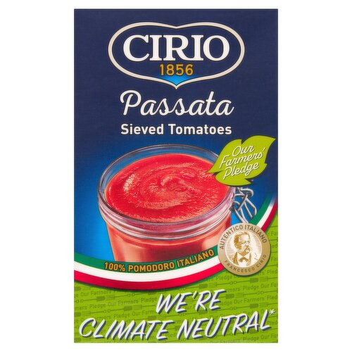 Sieved tomatoes<br/><br/><b>Pack Size</b><br/>500g ℮<br/><br/><b>Recycling Info</b><br/>Carton - Recyclable<br/><br/><br/><b>Ingredients</b><br/>Tomatoes<br/>Salt<br/>Acidity Regulator: Citric Acid<br/><br/><b>Storage Type</b><br/>Ambient<br/><br/><b>Storage</b><br/>Once opened store in the fridge and consume within 3-4 days.<br/>
Best before end: see top of pack.<br/><br/>Country of Origin - Italy<br/><br/><b>Origin</b><br/>Produced in Italy<br/><br/><b>Web Address</b><br/>www.cirio1856.com<br/><br/><b>Return To</b><br/>www.cirio1856.com<br/>