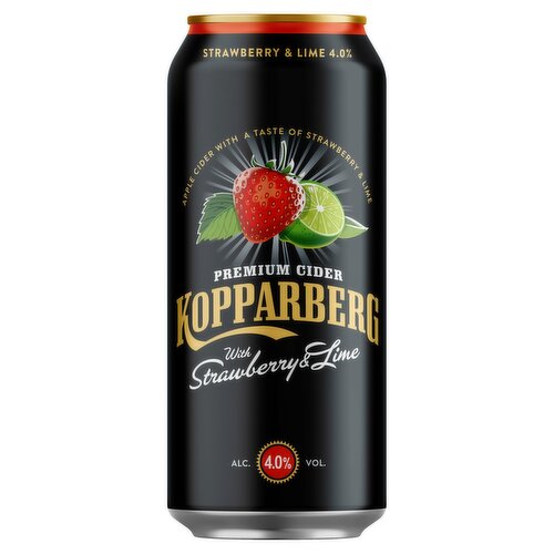 Apple Cider with a Taste of Strawberry & Lime made from Fermented Apples and Fresh Water Sourced in the Town of Kopparberg, Sweden.<br/><br/><b>Pack Size</b><br/>500ml ℮<br/><br/><b>General Alcohol Data</b><br/>Alcohol By Volume - 4.0<br/>Units - 2<br/>Tasting Notes - Apple Cider with a Taste & Lime made from Fermented Apples and Fresh Water Sourced in the Town of Kopparberg, Sweden<br/>Serving Suggestion - Serve chilled<br/><br/><b>Lower Age Limit</b><br/>Statutory - Years - 18<br/><br/><b>Storage Type</b><br/>Ambient<br/><br/><b>Storage</b><br/>Best Before: See Base<br/><br/><b>Preparation and Usage</b><br/>Serve chilled<br/><br/>Country of Origin - Sweden<br/><br/><b>Origin</b><br/>Product of Sweden<br/><br/><b>Web Address</b><br/>www.kopparbergs.se<br/><br/><b>Return To</b><br/>www.kopparbergs.se<br/><br/>