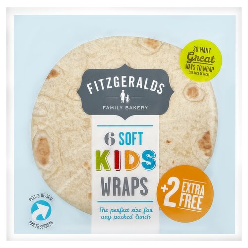 Soft Kids Wraps<br/><br/><b>Features</b><br/>So many great ways to wrap<br/>The perfect size for any packed lunch<br/>Suitable for vegetarians and vegans<br/><br/><b>Lifestyle</b><br/>Suitable for Vegans<br/>Suitable for Vegetarians<br/><br/><b>Pack Size</b><br/>320G ℮<br/><br/><b>Usage Other Text</b><br/>This pack contains 8 wheat flour tortillas<br/><br/><b>Usage Count</b><br/>Number of uses - Servings - 8<br/><br/><b>Recycling Info</b><br/>Packing - Not Recyclable<br/><br/><br/><b>Ingredients</b><br/><span style='font-weight: bold;'>Wheat</span> Flour (67%)<br/>Water<br/>Rapeseed Oil<br/>Stabilizer (Glycerol)<br/>Dextrose<br/>Malic Acid<br/>Raising Agent (Sodium Carbonates)<br/>Salt<br/>Rice Extract<br/>Preservative (Calcium Propionate)<br/><br/><b>Allergy Advice</b><br/>For allergens including Cereals containing Gluten see ingredients in <span style='font-weight: bold;'>bold</span><br/><br/><br/><b>Storage Type</b><br/>Ambient<br/><br/><b>Storage and Usage Statements</b><br/>Suitable for Home Freezing<br/><br/><b>Storage</b><br/>Store in a cool, dry place away from direct sunlight until the best before date shown on the front of pack. Once opened press the reseal area closed carefully and consume within 48 hours. Suitable for home freezing. Freeze on day of purchase & consume within 3 months. Defrost throughly and use within 24 hours. Once thawed, do not refreeze.<br/><br/><b>Preparation and Usage</b><br/>How to Prepare<br/>
Our wraps are delicious warmed. Remove from packaging and heat using the guidelines below. Then simply fill, wrap and enjoy!<br/>
Microwave<br/>
Place on a microwaveable plate and microwave each wrap for 10-15 seconds, or the whole pack for one minute.<br/>
Grill or Dry Fry (In a frying pan)<br/>
Simply grill or dry fry your wraps on a medium heat for 10-15 seconds on each side.<br/>
<br/>
The Classic<br/>
Fold in the top and bottom, then carefully roll it up.<br/>
The Burrito<br/>
Fold in the bottom of the wrap, then carefully roll it up.<br/>
Quesadillas<br/>
Place your favourite toppings on the wrap, fold in half and grill under a medium heat for 2-3 mins turning once.<br/>
Pizza<br/>
Place your favourite toppings on the wrap and heat in the oven for 3-4 minutes at 180°C.<br/><br/><b>Company Name</b><br/>Fitzgeralds Family Bakery<br/><br/><b>Company Address</b><br/>Knockgriffin,<br/>
Midleton,<br/>
Co. Cork,<br/>
Ireland.<br/><br/><b>Telephone Helpline</b><br/>+353 (0)21 463 9739<br/><br/><b>Web Address</b><br/>fitzgeraldsbakery.ie<br/><br/><b>Return To</b><br/>Fitzgeralds Family Bakery,<br/>
Knockgriffin,<br/>
Midleton,<br/>
Co. Cork,<br/>
Ireland.<br/>
+353 (0)21 463 9739<br/>
headbaker@fitzgeraldsbakery.ie<br/>
fitzgeraldsbakery.ie<br/>