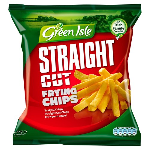 Straight Cut Fries Prefried and Deep Frozen<br/><br/><b>Features</b><br/>An Irish family favourite<br/>Gluten free<br/>Tasty & crispy straight cut chips for you to enjoy!<br/>No artificial flavours, colours or preservatives<br/>Suitable for vegetarians<br/><br/><b>Lifestyle</b><br/>Gluten free<br/>Suitable for Vegetarians<br/><br/><b>Pack Size</b><br/>1.5kg ℮<br/><br/><b>Usage Other Text</b><br/>Average number of portions per pack 10<br/><br/><b>Usage Count</b><br/>Number of uses - Servings - 10<br/><br/><br/><b>Ingredients</b><br/>Potatoes (97%)<br/>Palm Oil<br/>Stabiliser: Disodium Diphosphate<br/><br/><b>Storage Type</b><br/>Frozen<br/><br/><b>Storage and Usage Statements</b><br/>Keep Frozen<br/><br/><b>Storage</b><br/>Keep frozen<br/>
After purchase store and use as below:<br/>
Food Freezer **** Until best before date†<br/>
Star marked Frozen Food Compartments *** Until best before date†<br/>
Star marked Frozen Food Compartments ** 1 Month<br/>
Star marked Frozen Food Compartments * 1 Week<br/>
†Should be stored at -18°C or below.<br/>
Do not refreeze once thawed.<br/><br/><b>Storage Conditions</b><br/>Max Temp °C -18<br/><br/><b>Cooking Guidelines</b><br/>Deep Fry - From Frozen - These instructions are guidelines only as cooking appliances vary.<br/>
Remove all packaging before cooking. For best results cook from frozen.<br/>
This product must be cooked thoroughly. Always check the product is piping hot before serving.<br/>
Deep fry small quantities of the Green Isle Chips in hot oil (175°C) for 3-6 minutes depending on how crisp and golden you like your chips. Drain on absorbent paper before serving.<br/><br/><b>Company Name</b><br/>Green Isle Foods Limited<br/><br/><b>Company Address</b><br/>Monread Road,<br/>
Naas,<br/>
Co. Kildare,<br/>
Ireland.<br/><br/><b>Telephone Helpline</b><br/>00 353 (0) 45 848 000<br/><br/><b>Web Address</b><br/>www.greenisle.ie<br/><br/><b>Return To</b><br/>Our Promise to You!<br/>
At Green Isle we are passionate about the quality of our products and we make every effort to only use the finest ingredients.<br/>
If you have any issues with this or any Green Isle product, please return the packaging and quality code to the address below stating where and when purchased. This does not affect your statutory rights.<br/>
00 353 (0) 45 848 000<br/>
CustomerRelations-greenisle@2sfg.com<br/>
Green Isle Foods Limited,<br/>
Monread Road,<br/>
Naas,<br/>
Co. Kildare,<br/>
Ireland.<br/>
www.greenisle.ie<br/>