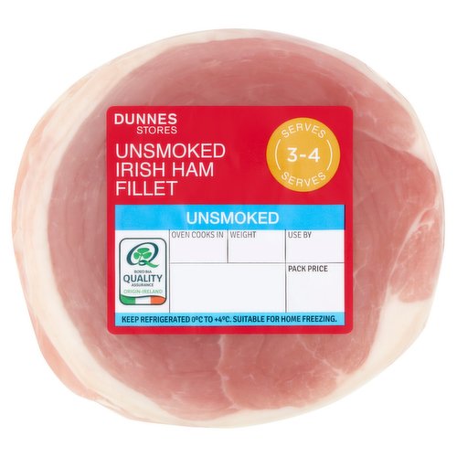 Unsmoked Irish Ham Fillet with Added Water<br/><br/><b>Features</b><br/>Made from selected Irish pork<br/><br/><br/><b>Ingredients</b><br/>Irish Pork Leg (87%)<br/>Water<br/>Salt<br/>Antioxidant: Sodium Ascorbate<br/>Preservatives: Potassium Nitrate, Sodium Nitrite<br/><br/><b>Safety Warning</b><br/>CAUTION:<br/>
- Whilst every effort has been made to remove all bones, some may remain.<br/><br/><b>Storage Type</b><br/>Chilled<br/><br/><b>Storage and Usage Statements</b><br/>Suitable for Home Freezing<br/>Cannot be Microwaved<br/>Keep Refrigerated<br/><br/><b>Storage</b><br/>Keep Refrigerated 0°C to +4°C.<br/>
- Consume within 24 hours of opening and by ‘use by' date.<br/>
- For 'use by' date and weight, see front of pack.<br/>
- Suitable for home freezing.<br/>
- If freezing, freeze on the day of purchase and consume within 1 month.<br/>
- Defrost thoroughly in refrigerator before cooking and use within 24 hours.<br/>
- Once thawed do not refreeze.<br/><br/><b>Storage Conditions</b><br/>Min Temp °C 0<br/>Max Temp °C 4<br/><br/><b>Cooking Guidelines</b><br/>Cooking Instructions - General - Raw meat products may contain bacteria that could potentially cause illness if mishandled or cooked incorrectly. Keep raw and cooked products separate. Cooking times will vary with appliances, the following are guidelines only. Not Suitable for Microwave Cooking, Remove All Outer Packaging but Leave the Casing On if Boiling.<br/>
Allow the Ham to Rest for 10 Minutes.<br/>
Remove Casing Prior to Carving.<br/>
Always Check the Product is Piping Hot Throughout Before Serving. Do Not Reheat Once Cooked.<br/>Hob - From Chilled - Medium Heat 25 mins. per 500g<br/>
- Place the ham in a saucepan of boiling water, return to the boil and simmer for time shown.<br/>
- Drain and serve.<br/>Oven cook - From Chilled - 190°C/375°F/Gas Mark 5<br/>
Fan assisted oven 170°C <br/>
30 mins. per 500g plus 30 mins. extra<br/>
- Preheat oven to required temperature shown above.<br/>
- Remove the inner layer of casing from the ham.<br/>
- Place the ham in an oven proof dish, cover with tin foil, place on the middle shelf of the oven and cook for time indicated.<br/>
- Remove the tin foil for last 30 minutes of cooking.<br/><br/>Country of Origin - Ireland<br/><br/><b>Origin</b><br/>Produced and packed in Co. Kilkenny<br/><br/><b>Company Name</b><br/>Dunnes Stores / Dunnes Stores (Bangor) Ltd.<br/><br/><b>Company Address</b><br/>Dunnes Stores,<br/>
46-50 South Great George's Street,<br/>
Dublin 2.<br/>
<br/>
Dunnes Stores (Bangor) Ltd.,<br/>
28 Hill Street,<br/>
Newry,<br/>
Co. Down,<br/>
BT34 1AR.<br/><br/><b>Return To</b><br/>Dunnes Stores,<br/>
46-50 South Great George's Street,<br/>
Dublin 2.<br/>
<br/>
Dunnes Stores (Bangor) Ltd.,<br/>
28 Hill Street,<br/>
Newry,<br/>
Co. Down,<br/>
BT34 1AR.<br/>