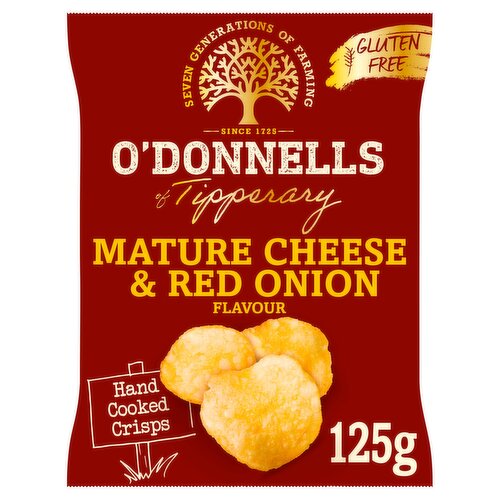Mature Cheese & Red Onion Flavour Hand Cooked Potato Crisps<br/><br/><b>Further Description</b><br/>You may notice this 125g pack feels a little different. That's because we are now using 18% less packaging. At O'Donnells, through our packaging reduction initiatives, we are committed to reducing our impact on the planet, one bag of crisps at a time.<br/>
<br/>
Seven Generations of Farming - Seskin Farm<br/><br/><b>Features</b><br/>Hand Cooked Crisps<br/>Great taste 2020<br/>The Irish Food Awards - Blasna hEireann - Gold 2020<br/>Free From Food Awards Ireland - Bronze Award Winner 2020<br/>Fried in 100% high oleic sunflower oil<br/>Gluten Free<br/>No hydrogenated fats<br/>Does not contain added MSG<br/>No artificial colours or flavours<br/>No GM ingredients<br/>Suitable for vegetarians<br/><br/><b>Lifestyle</b><br/>Gluten free<br/>Suitable for Vegetarians<br/><br/><b>Pack Size</b><br/>125g ℮<br/><br/><b>Usage Other Text</b><br/>125g pack = Approximately 3 servings<br/><br/><b>Usage Count</b><br/>Number of uses - Servings - 3<br/><br/><br/><b>Ingredients</b><br/>Potatoes<br/>High Oleic Sunflower Oil<br/>Mature Cheese & Red Onion Flavour (Onion Powder, Sugar, Cheese Powder (<span style='font-weight: bold;'>MILK</span>), Salt, Yeast Powder, Butter <span style='font-weight: bold;'>MILK</span> Powder, Yeast Extract, Natural Flavourings, Irish Cheddar Cheese Powder (<span style='font-weight: bold;'>MILK</span>), Colour (Paprika,Extract))<br/><br/><b>Storage Type</b><br/>Ambient<br/><br/><b>Storage</b><br/>Keep these hand cooked crisps cool, dry and away from bright lights and strong flavours.<br/><br/><b>Origin</b><br/>Produced in Co.Meath<br/><br/><b>Company Name</b><br/>O'Donnells Crisps<br/><br/><b>Company Address</b><br/>O'Donnells Crisps,<br/>
Seskin Farm,<br/>
Kilsheelan,<br/>
Clonmel,<br/>
Co. Tipperary,<br/>
Ireland.<br/><br/><b>Web Address</b><br/>www.odonnellscrisps.com<br/><br/><b>Return To</b><br/>O'Donnells Crisps,<br/>
Seskin Farm,<br/>
Kilsheelan,<br/>
Clonmel,<br/>
Co. Tipperary,<br/>
Ireland.<br/>
www.odonnellscrisps.com<br/>
<br/>
Northern Snack Foods Ltd.,<br/>
Lissue Road Industrial Estate,<br/>
Lissue Road,<br/>
Lisburn,<br/>
Co. Antrim,<br/>
BT28 2LU.<br/>