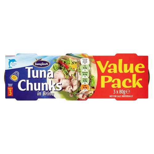 Tuna Chunks in Brine<br/><br/><b>Nutritional Claims</b><br/>Natural source omega 3<br/><br/><b>Features</b><br/>Natural source omega 3<br/><br/><b>Pack Size</b><br/>80g ℮<br/><br/><b>Usage Other Text</b><br/>Contains 3 servings of drained product<br/><br/><b>Usage Count</b><br/>Number of uses - Servings - 3<br/><br/><br/><b>Ingredients</b><br/>Skipjack Tuna (<span style='font-weight: bold;'>Fish</span>)<br/>Water<br/>Salt<br/><br/><b>Number of Units</b><br/>3<br/><br/><b>Storage Type</b><br/>Ambient<br/><br/><b>Storage</b><br/>Once opened keep refrigerated. Remove from can and place in a non-metallic container and consume within 24 hours.<br/><br/>Country of Origin - Spain<br/><br/><b>Origin</b><br/>Produced in Spain<br/><br/><b>Company Name</b><br/>Sunny South<br/><br/><b>Company Address</b><br/>P.O. Box No 3535,<br/>
Dublin 11.<br/><br/><b>Return To</b><br/>Sunny South,<br/>
P.O. Box No 3535,<br/>
Dublin 11.<br/>